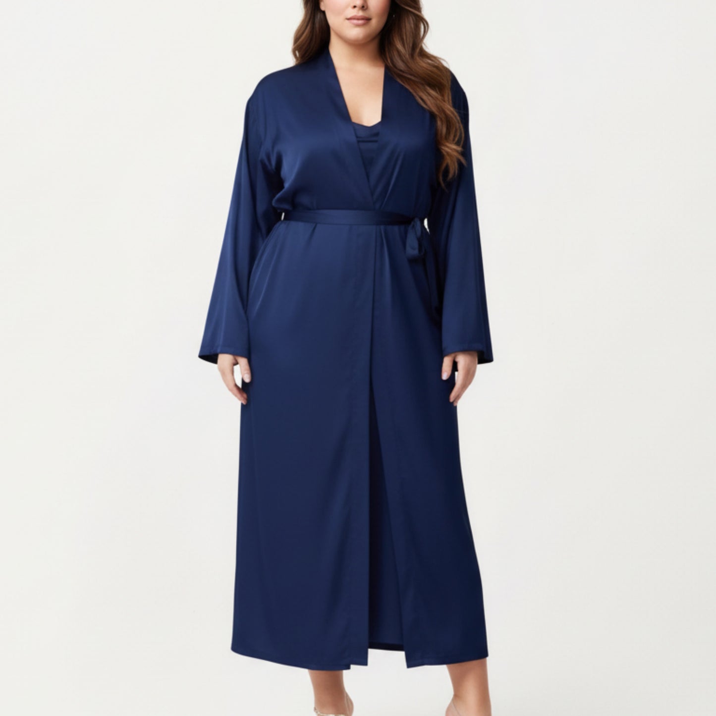 Plus Size Long Robe Set with Soft Draped Silhouette and Smooth Flowing Fabric for an Layered Lounge Look