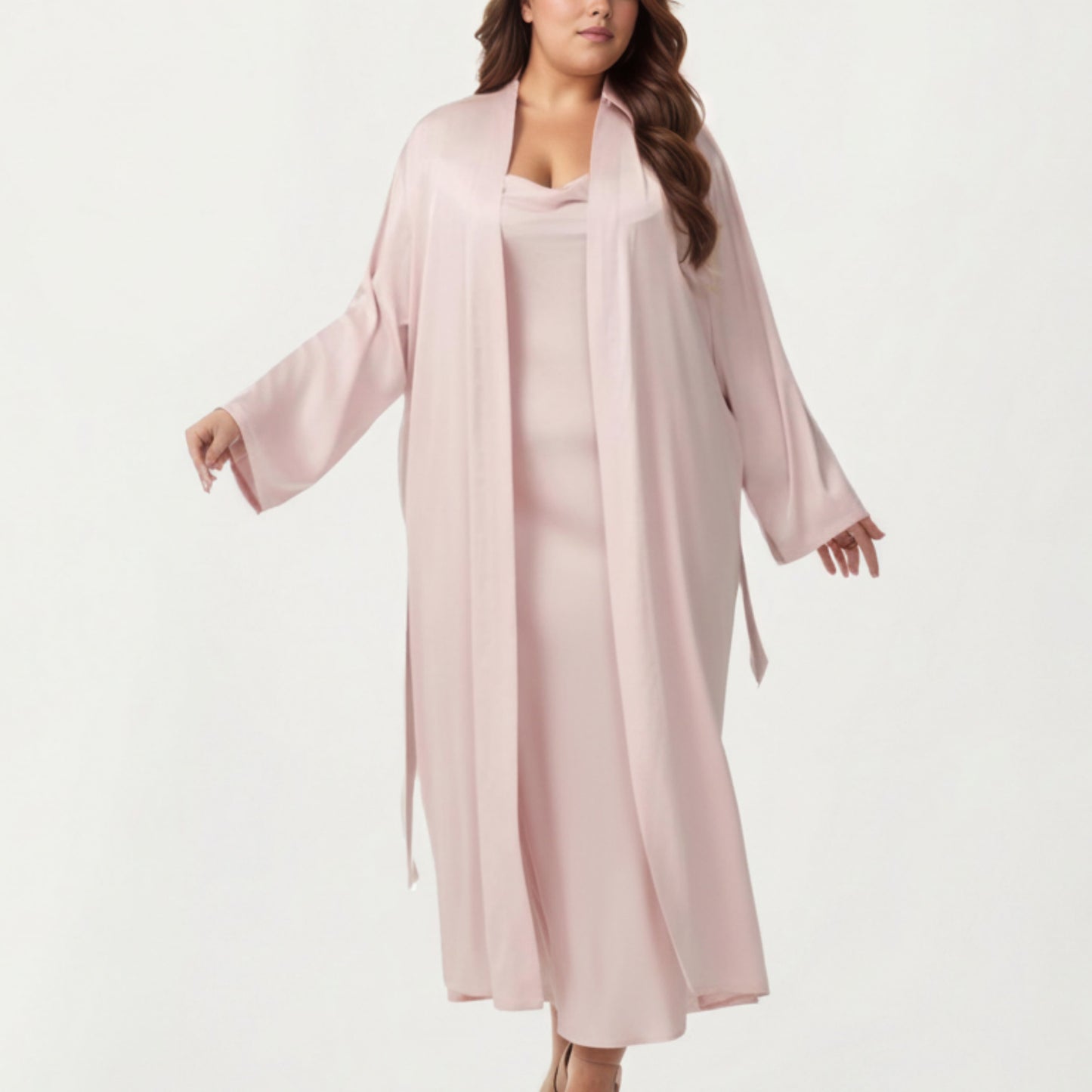 Plus Size Long Robe Set with Soft Draped Silhouette and Smooth Flowing Fabric for an Layered Lounge Look