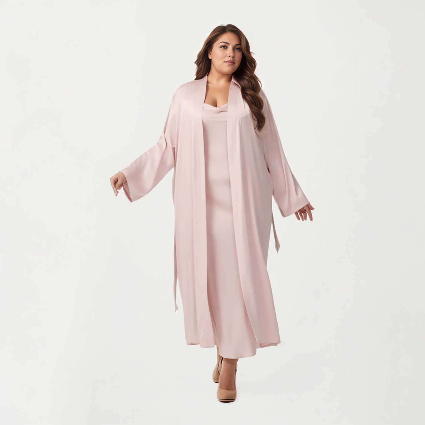 Plus Size Long Robe Set with Soft Draped Silhouette and Smooth Flowing Fabric for an Layered Lounge Look