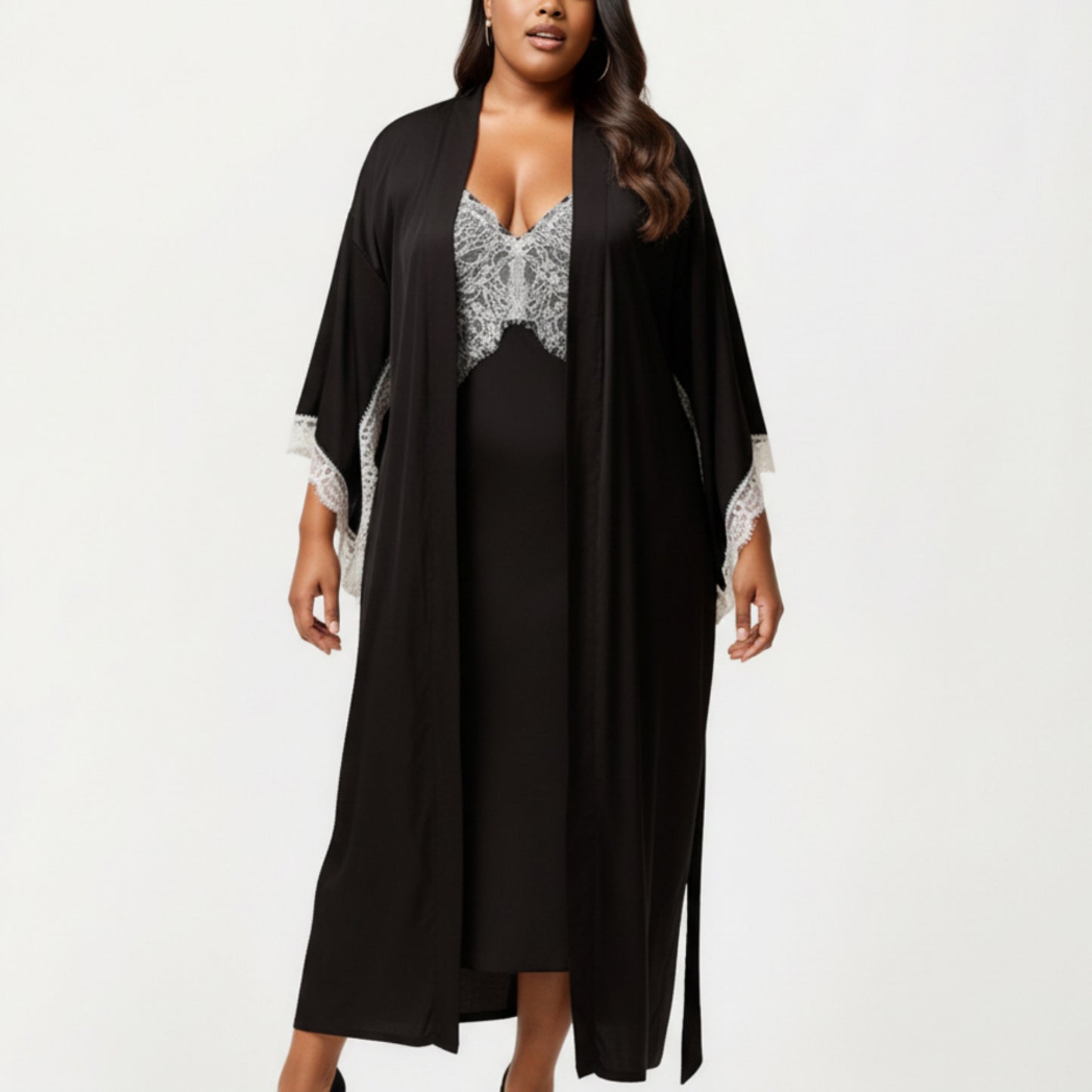 Plus Size Long Robe Set with Soft Draped Silhouette and Delicate Lace Trim Accents for a Layered Look