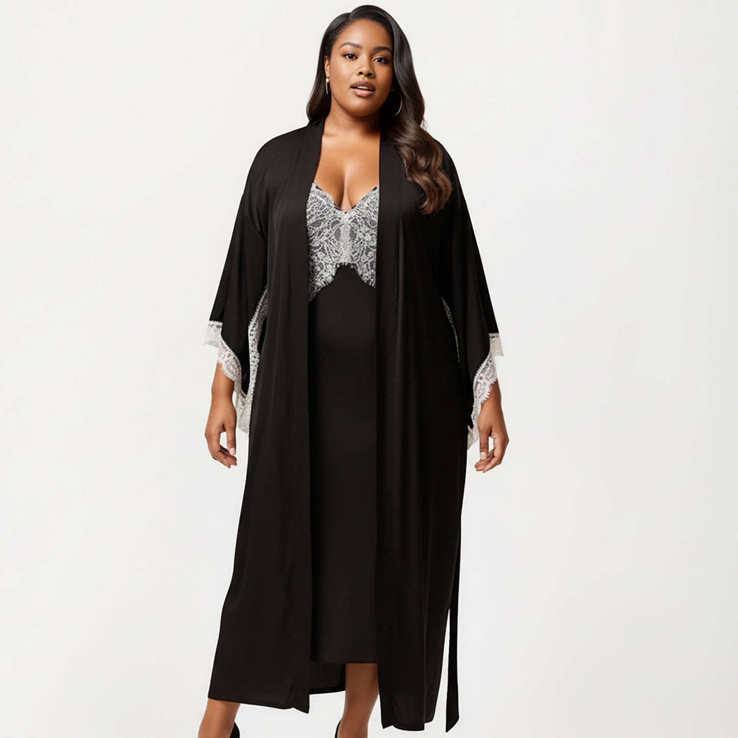 Plus Size Long Robe Set with Soft Draped Silhouette and Delicate Lace Trim Accents for a Layered Look