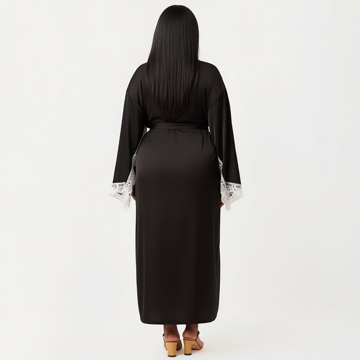 Plus Size Long Robe Set with Soft Draped Silhouette and Delicate Lace Trim Accents for a Layered Look