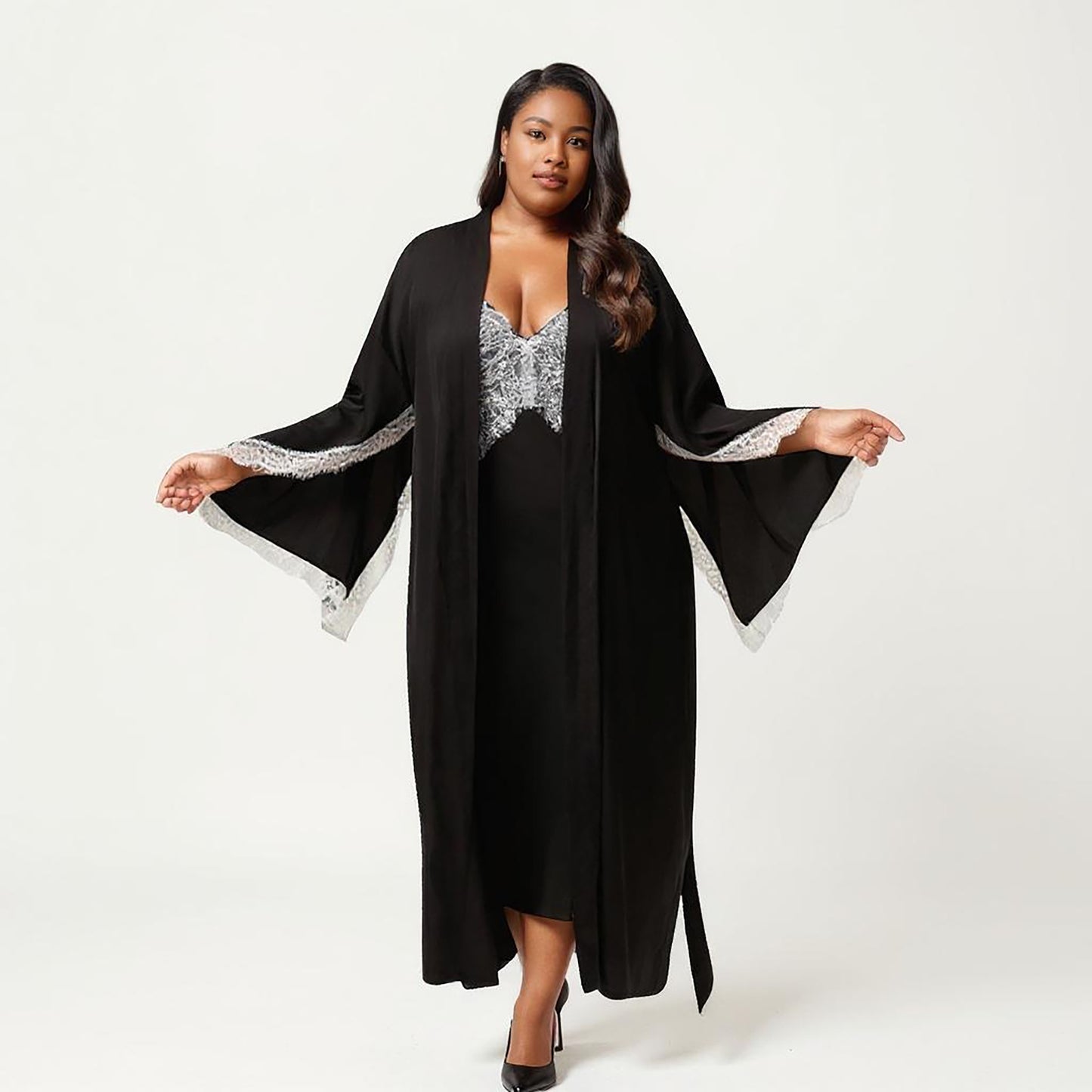 Plus Size Long Robe Set with Soft Draped Silhouette and Delicate Lace Trim Accents for a Layered Look