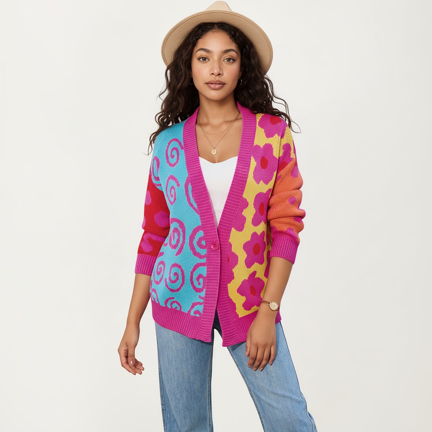 Multi Pattern Open Front Cardigan with Long Sleeves, Soft Knit Texture and Comfortable Relaxed Layering Fit