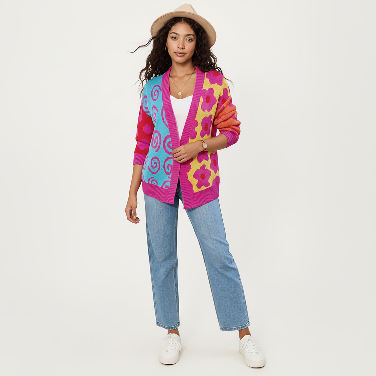 Multi Pattern Open Front Cardigan with Long Sleeves, Soft Knit Texture and Comfortable Relaxed Layering Fit