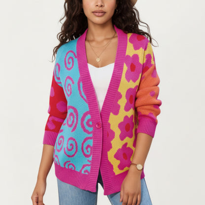 Multi Pattern Open Front Cardigan with Long Sleeves, Soft Knit Texture and Comfortable Relaxed Layering Fit