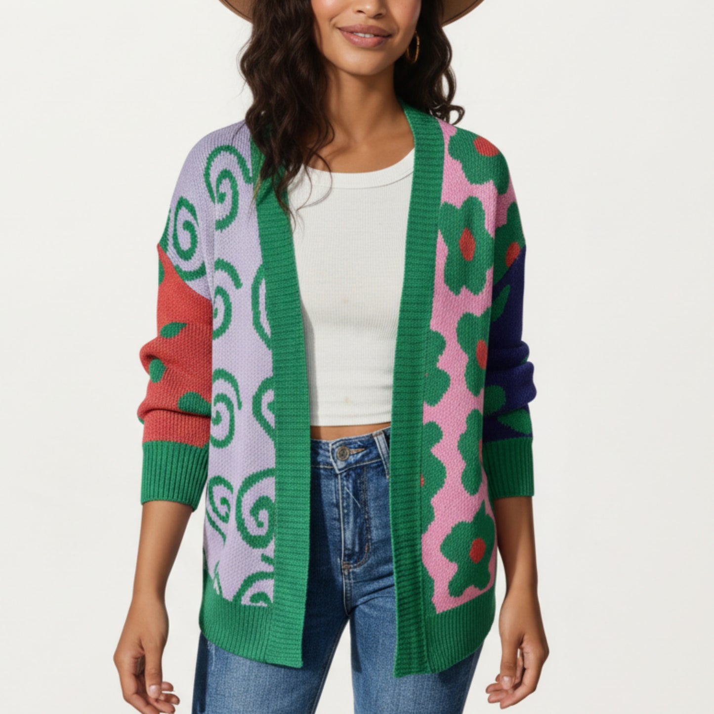 Multi Pattern Open Front Cardigan with Long Sleeves, Soft Knit Texture and Comfortable Relaxed Layering Fit