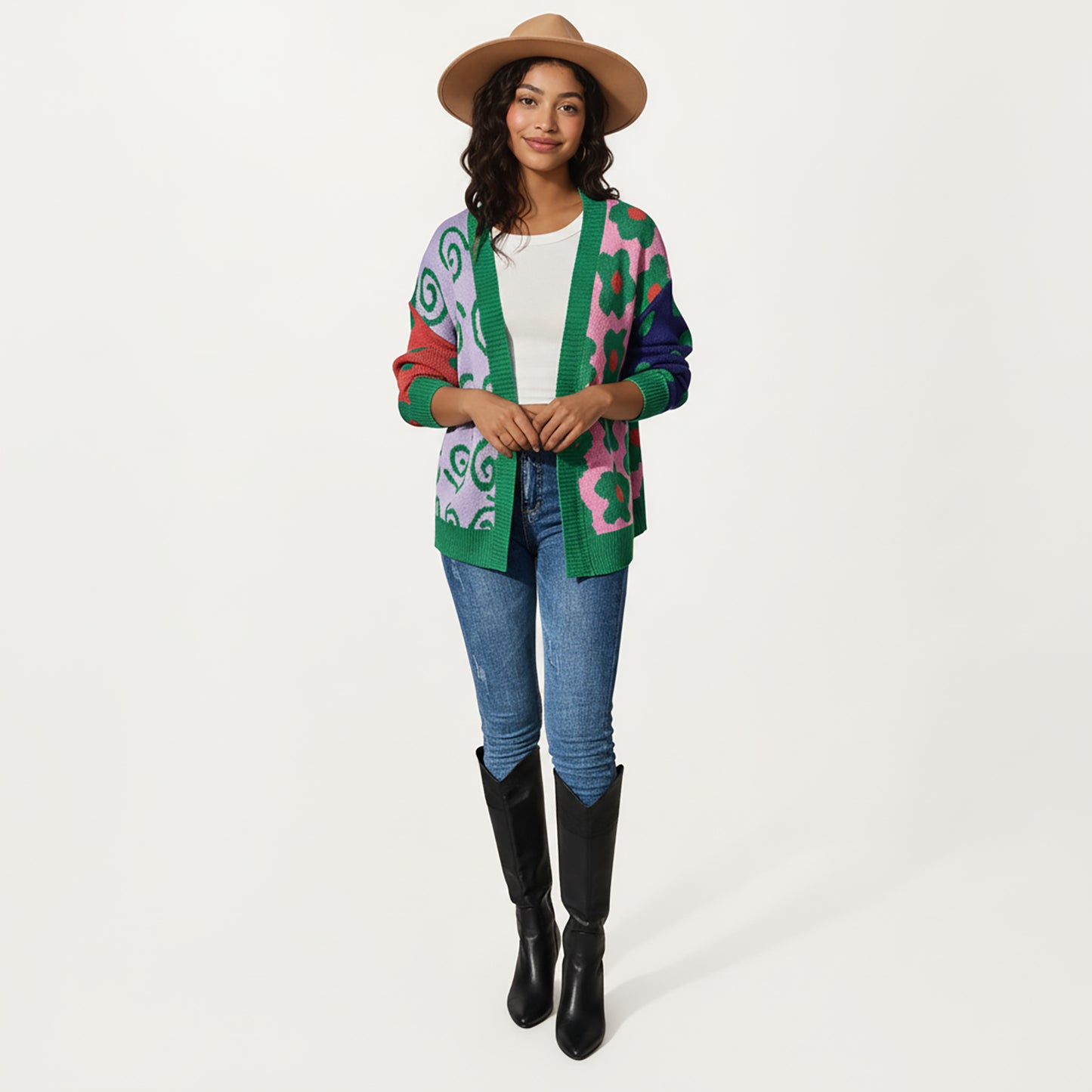 Multi Pattern Open Front Cardigan with Long Sleeves, Soft Knit Texture and Comfortable Relaxed Layering Fit