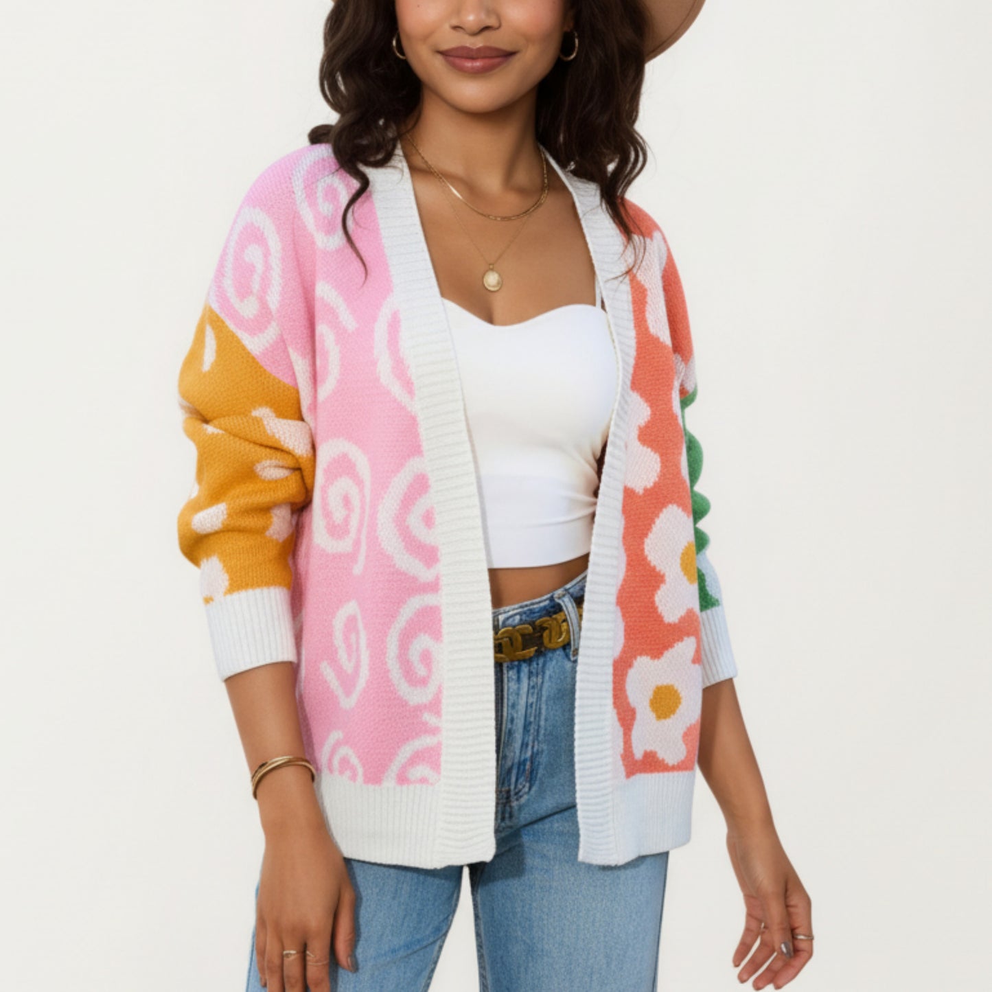 Multi Pattern Open Front Cardigan with Long Sleeves, Soft Knit Texture and Comfortable Relaxed Layering Fit