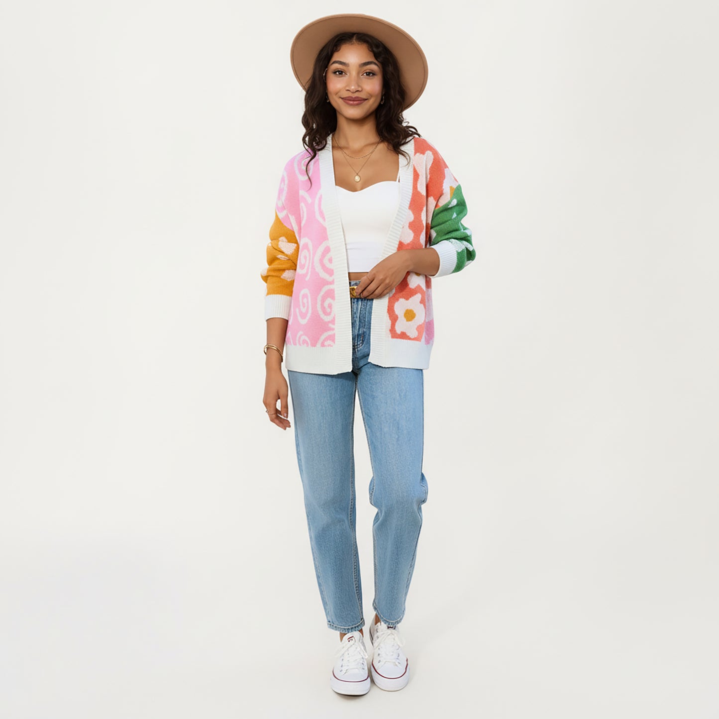 Multi Pattern Open Front Cardigan with Long Sleeves, Soft Knit Texture and Comfortable Relaxed Layering Fit