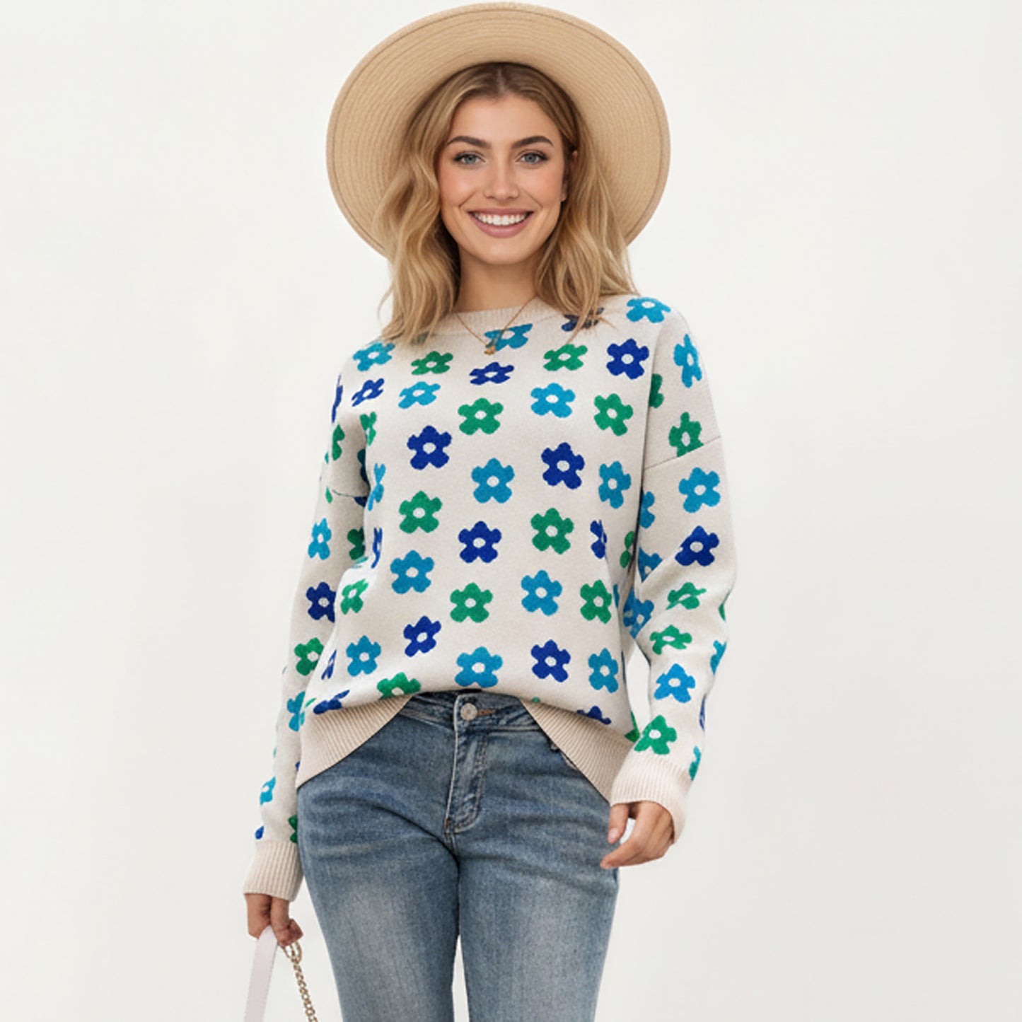 Flower Pattern Knit Sweater with Long Sleeves, Soft Textured Feel and Comfortable Relaxed Everyday Fit