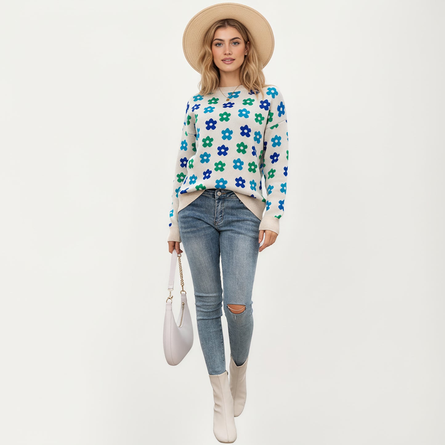 Flower Pattern Knit Sweater with Long Sleeves, Soft Textured Feel and Comfortable Relaxed Everyday Fit
