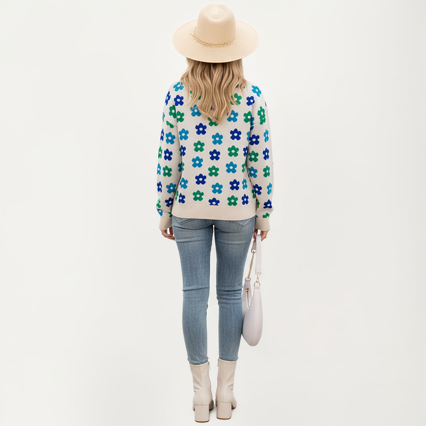 Flower Pattern Knit Sweater with Long Sleeves, Soft Textured Feel and Comfortable Relaxed Everyday Fit