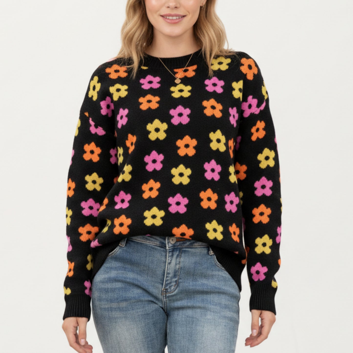 Flower Pattern Knit Sweater with Long Sleeves, Soft Textured Feel and Comfortable Relaxed Everyday Fit