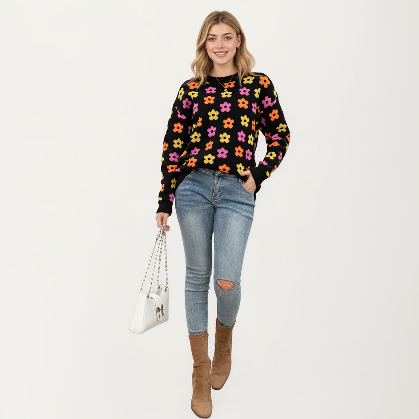 Flower Pattern Knit Sweater with Long Sleeves, Soft Textured Feel and Comfortable Relaxed Everyday Fit