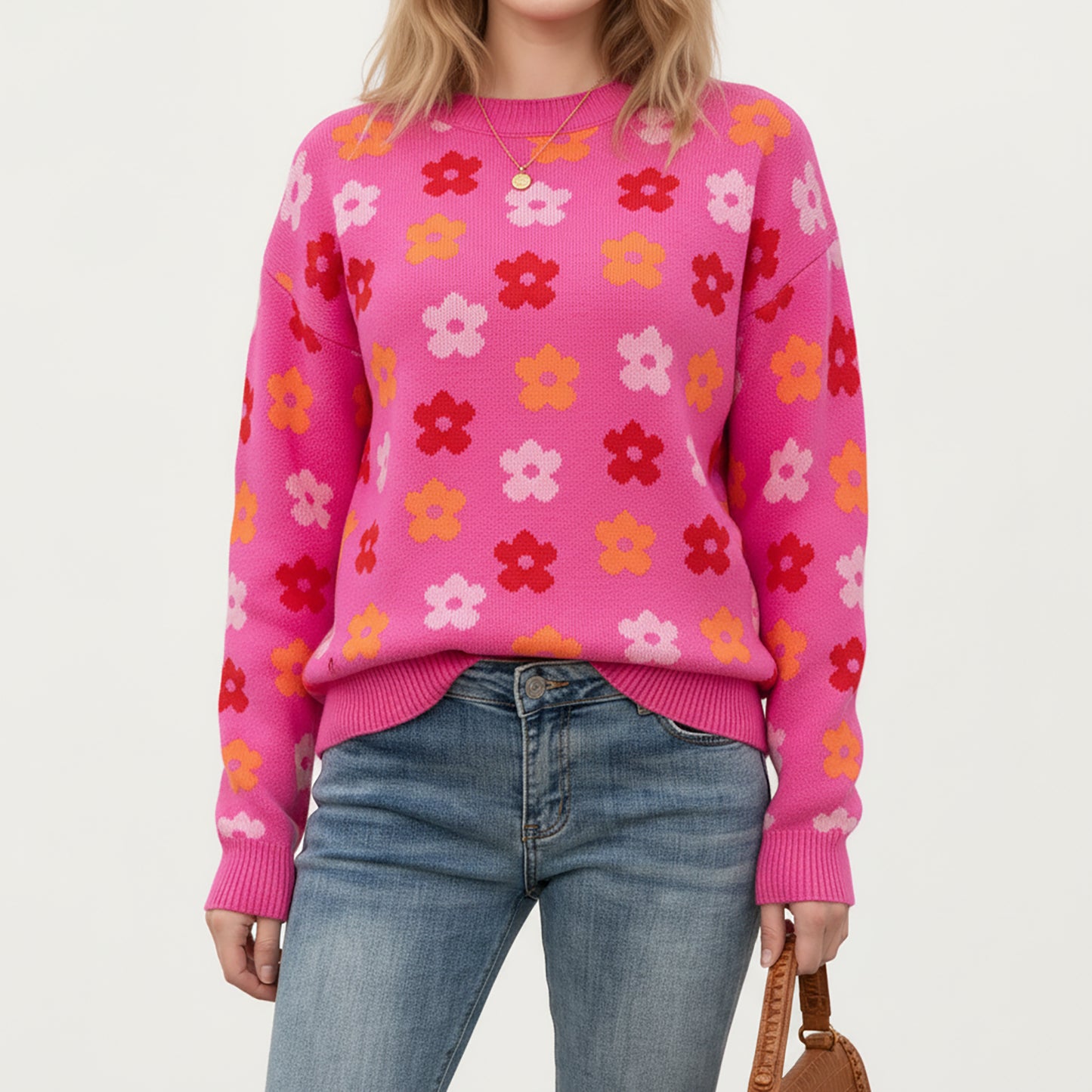Flower Pattern Knit Sweater with Long Sleeves, Soft Textured Feel and Comfortable Relaxed Everyday Fit