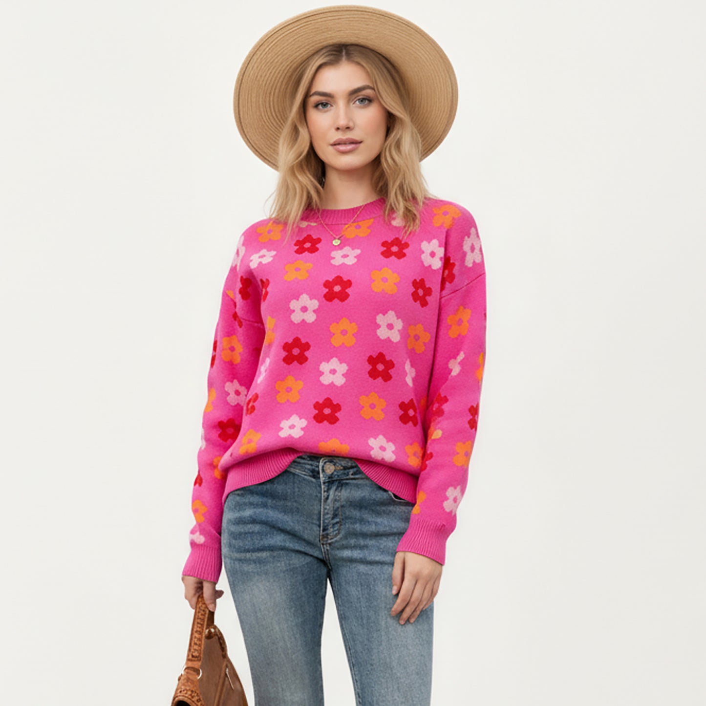 Flower Pattern Knit Sweater with Long Sleeves, Soft Textured Feel and Comfortable Relaxed Everyday Fit