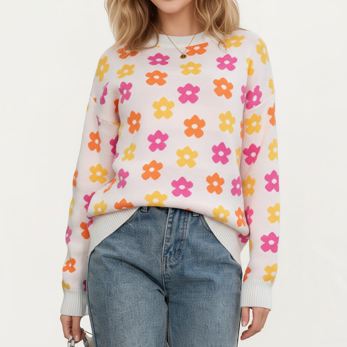 Flower Pattern Knit Sweater with Long Sleeves, Soft Textured Feel and Comfortable Relaxed Everyday Fit