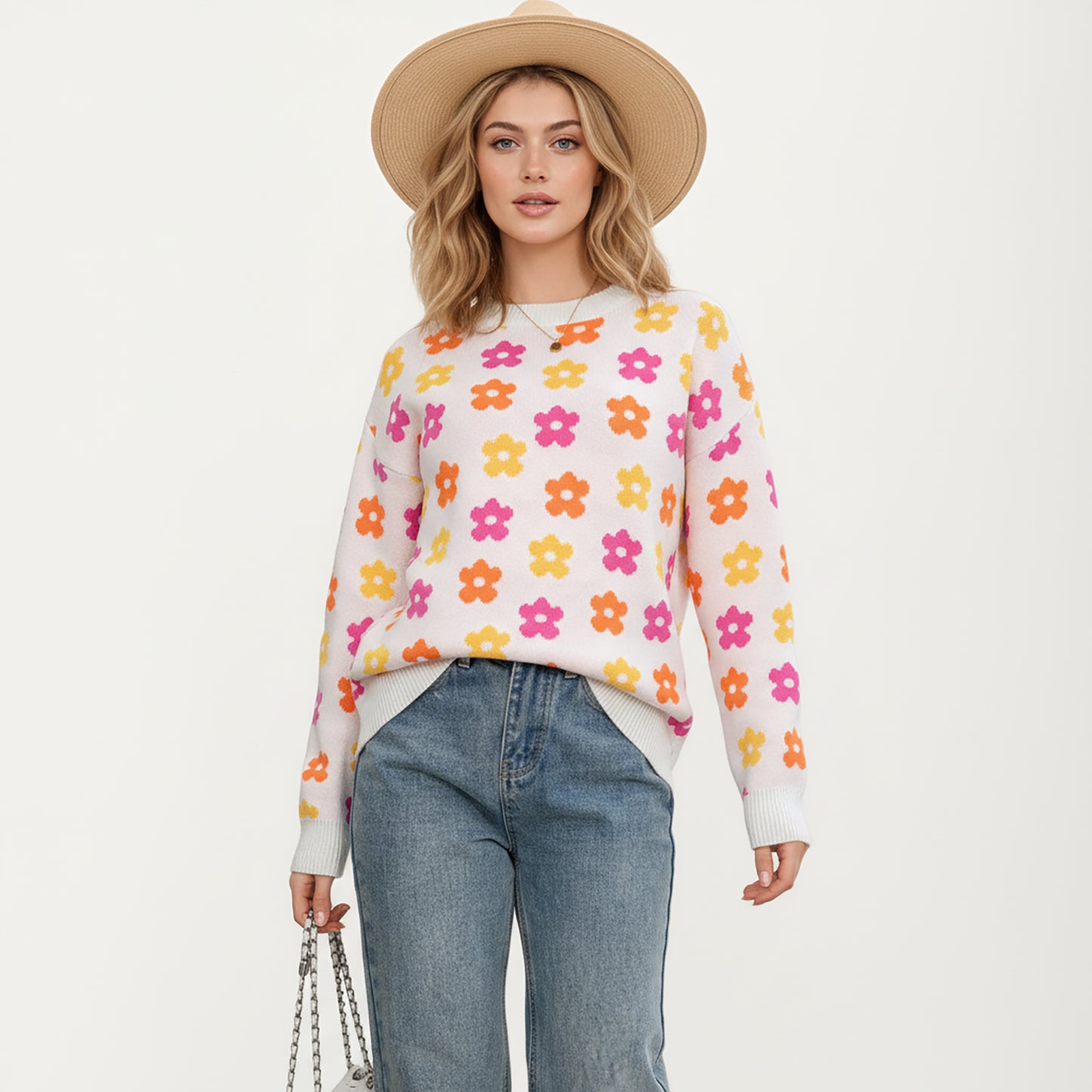 Flower Pattern Knit Sweater with Long Sleeves, Soft Textured Feel and Comfortable Relaxed Everyday Fit