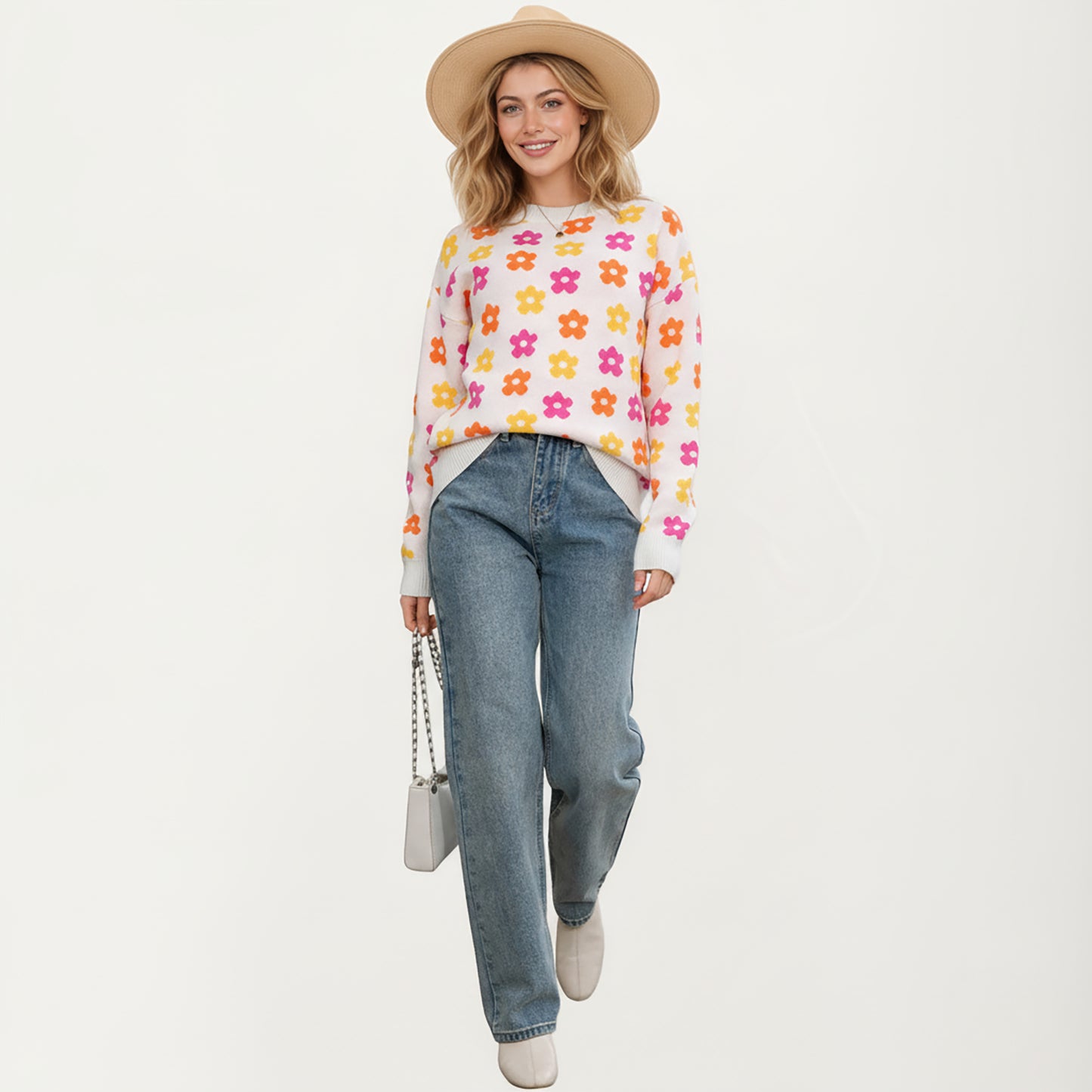 Flower Pattern Knit Sweater with Long Sleeves, Soft Textured Feel and Comfortable Relaxed Everyday Fit