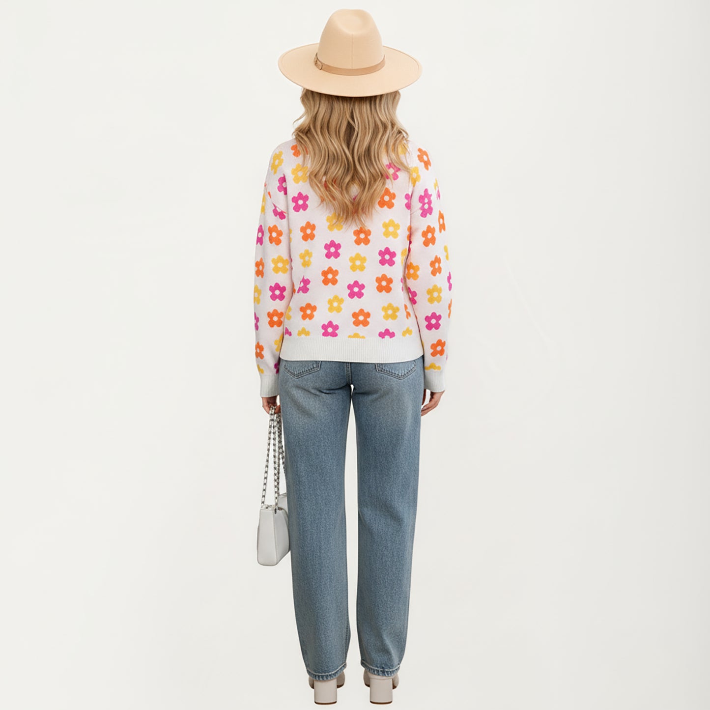 Flower Pattern Knit Sweater with Long Sleeves, Soft Textured Feel and Comfortable Relaxed Everyday Fit