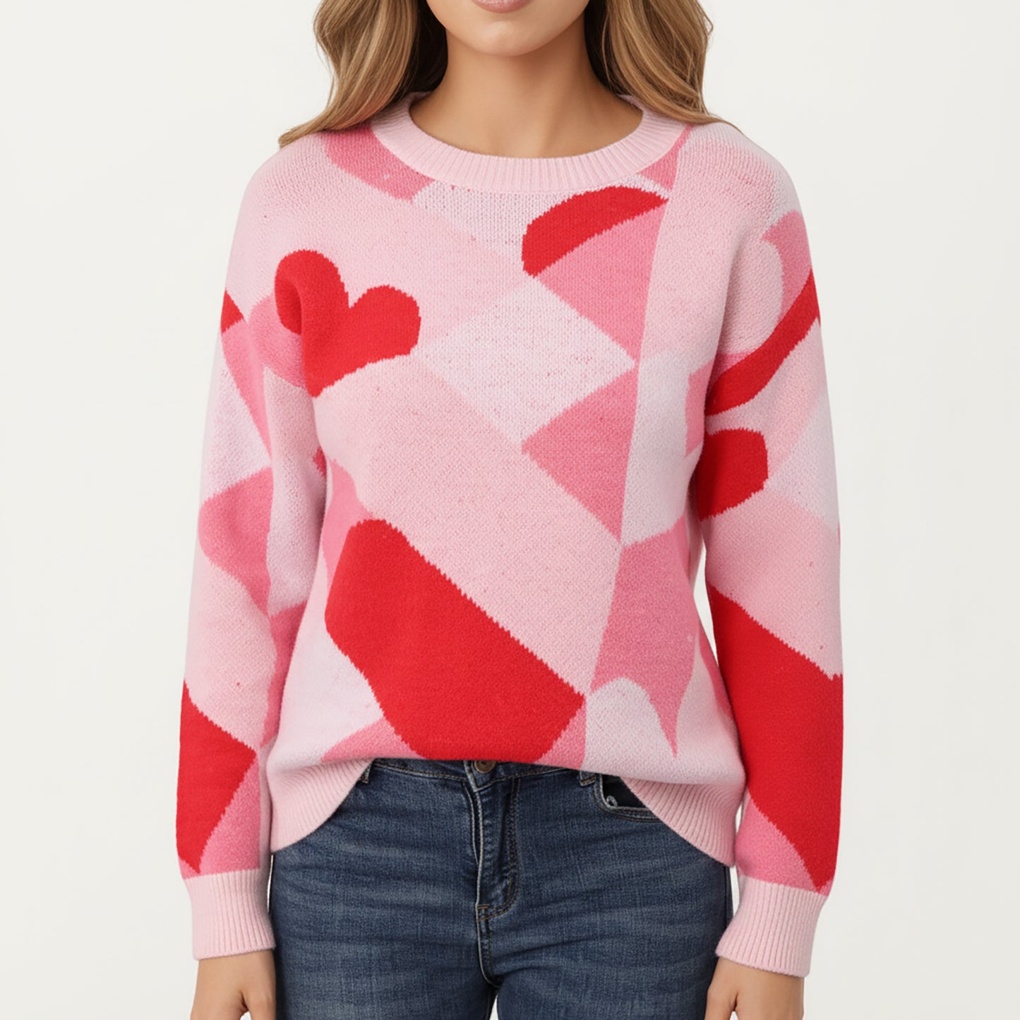 Abstract Heart Pattern Knit Sweater with Long Sleeves, Soft Textured Feel and Comfortable Relaxed Everyday Fit