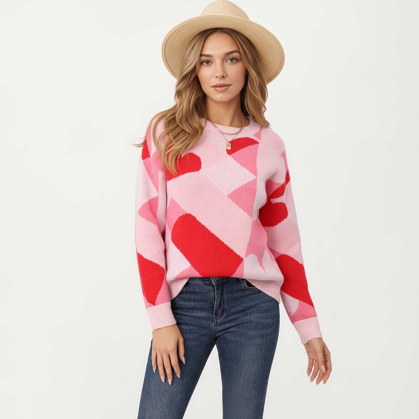 Abstract Heart Pattern Knit Sweater with Long Sleeves, Soft Textured Feel and Comfortable Relaxed Everyday Fit