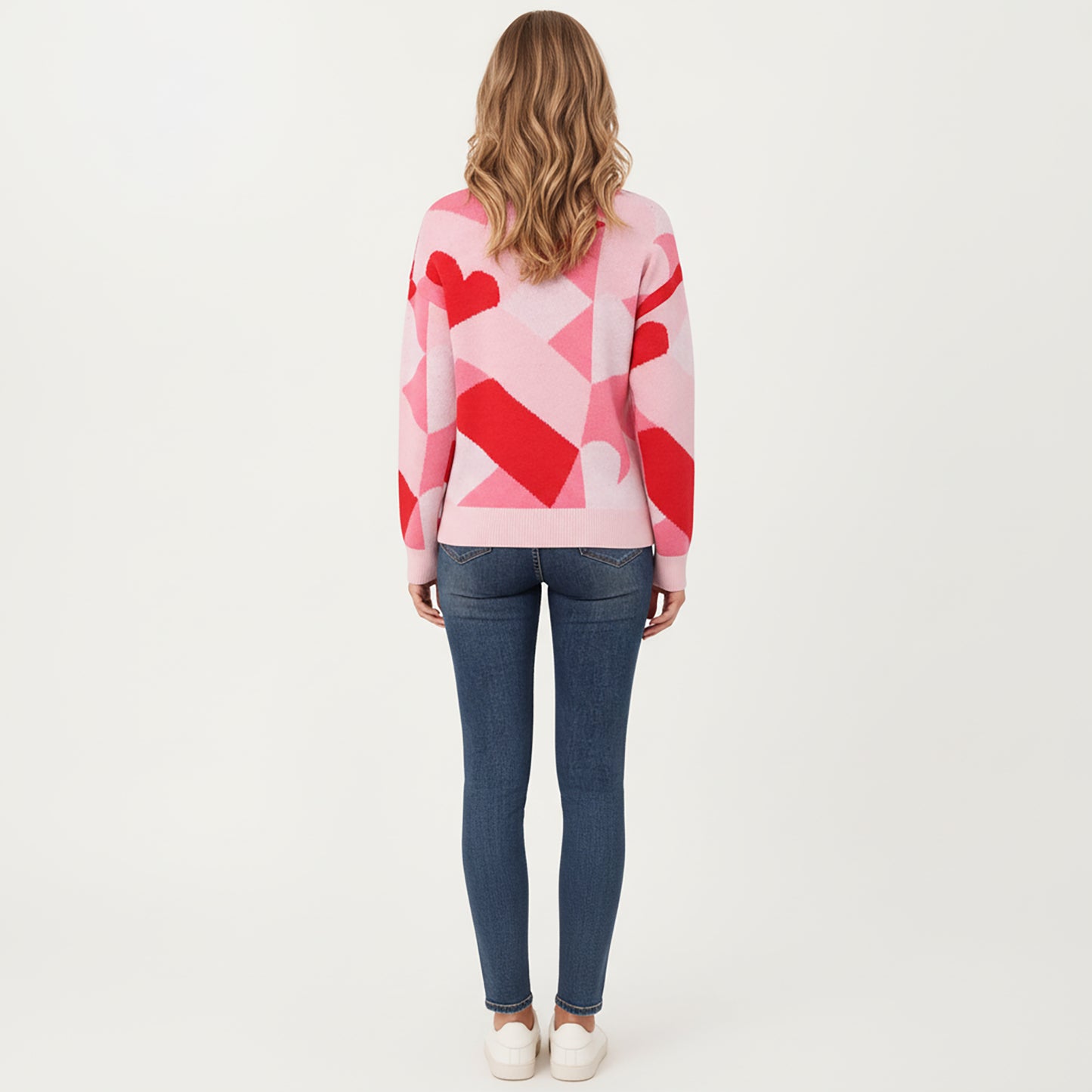 Abstract Heart Pattern Knit Sweater with Long Sleeves, Soft Textured Feel and Comfortable Relaxed Everyday Fit