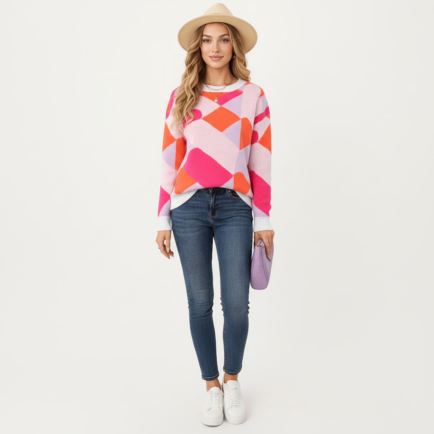 Abstract Heart Pattern Knit Sweater with Long Sleeves, Soft Textured Feel and Comfortable Relaxed Everyday Fit