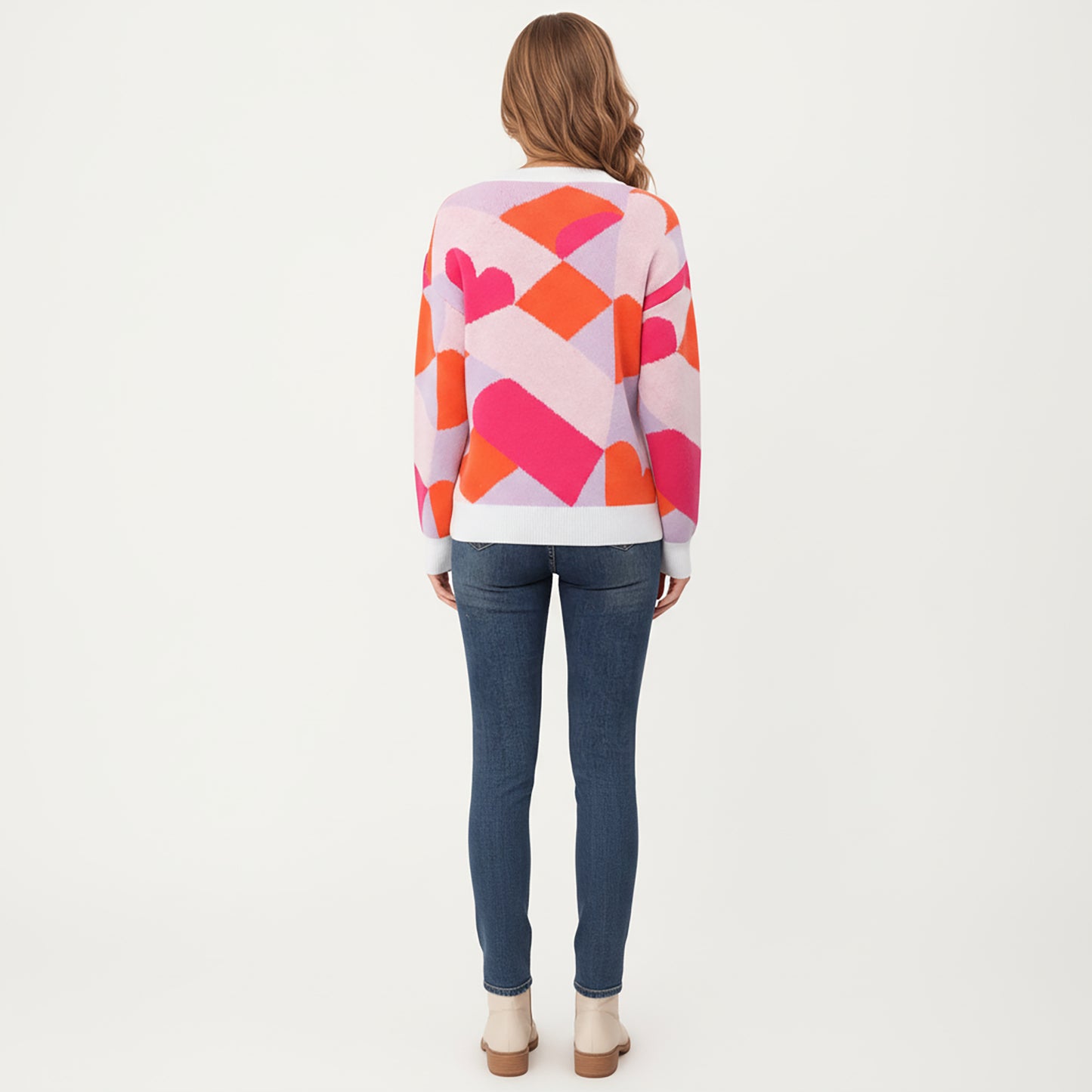 Abstract Heart Pattern Knit Sweater with Long Sleeves, Soft Textured Feel and Comfortable Relaxed Everyday Fit