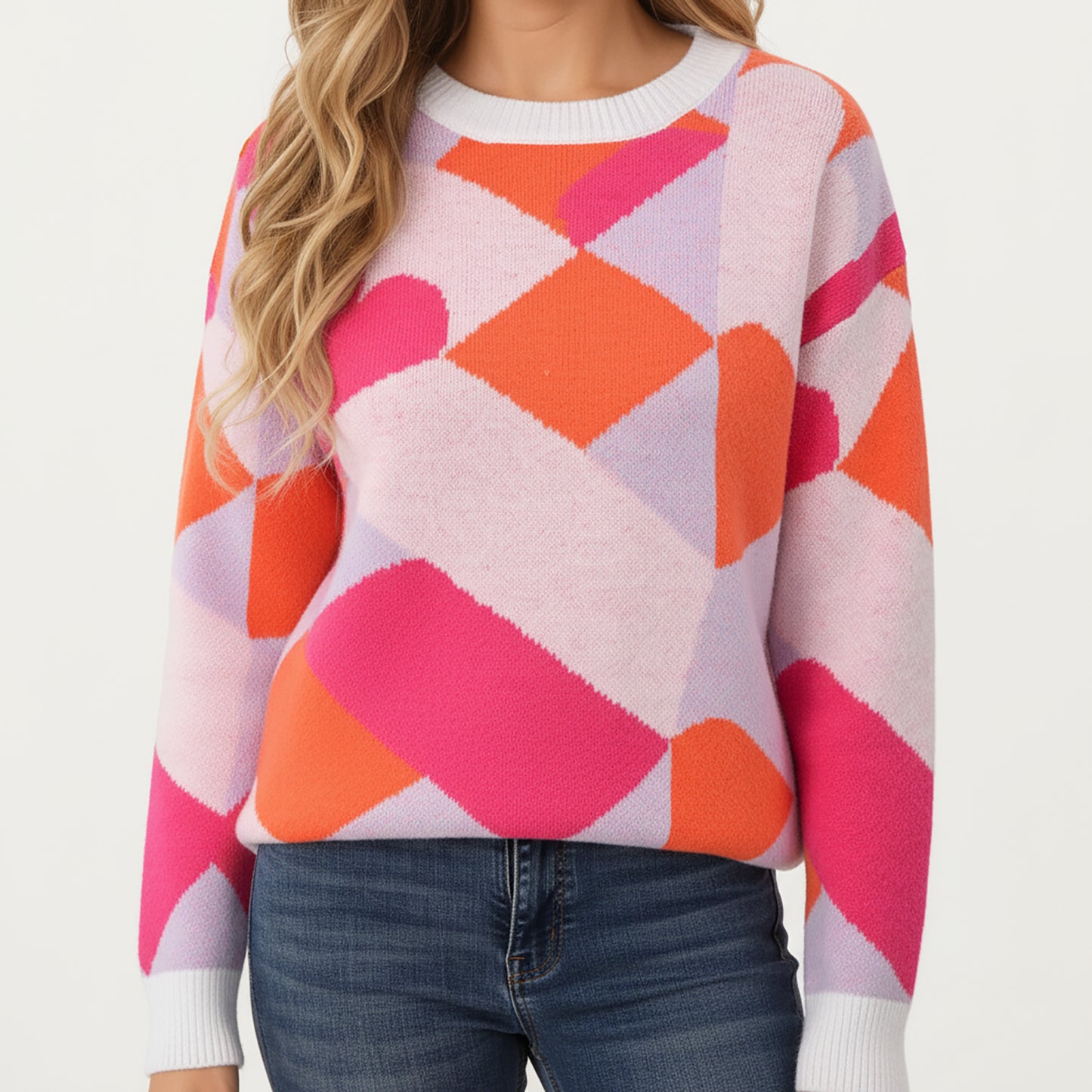 Abstract Heart Pattern Knit Sweater with Long Sleeves, Soft Textured Feel and Comfortable Relaxed Everyday Fit