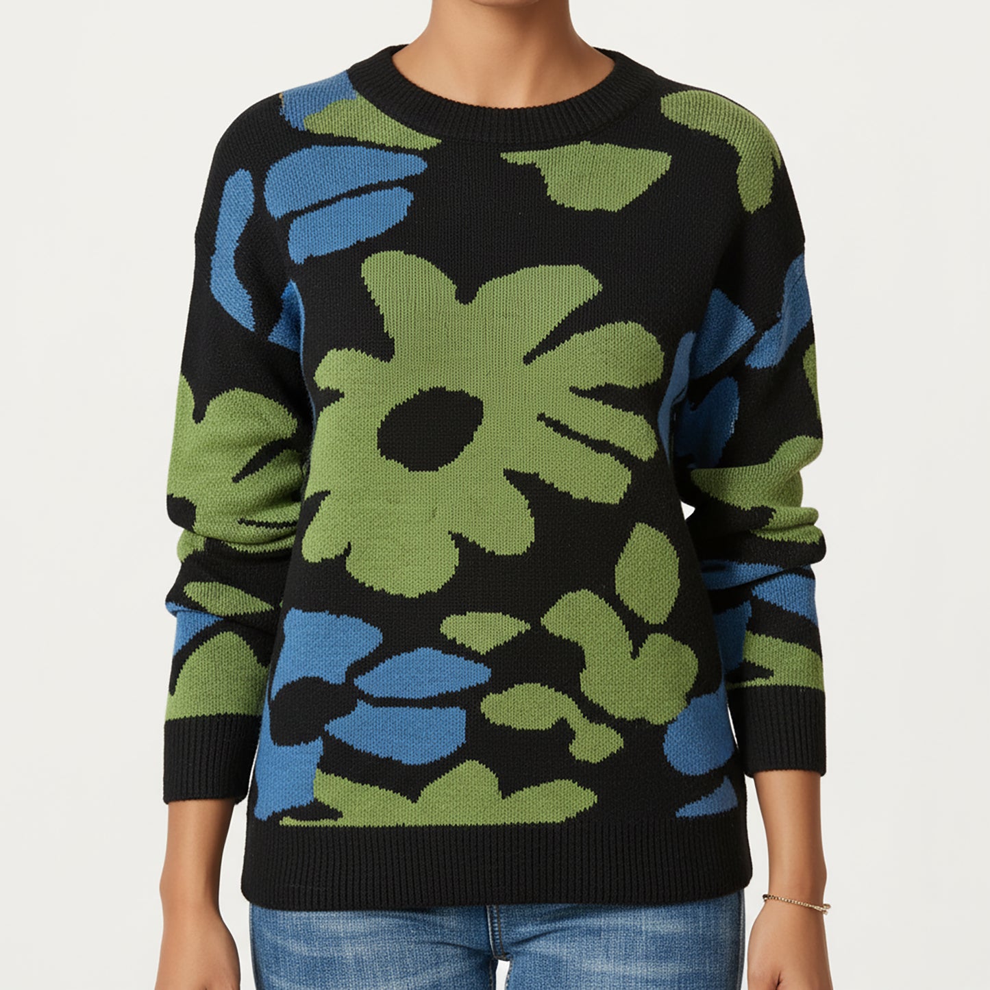 Bold Floral Pattern Knit Sweater with Soft Textured Feel, Long Sleeves and Comfortable Relaxed Fit