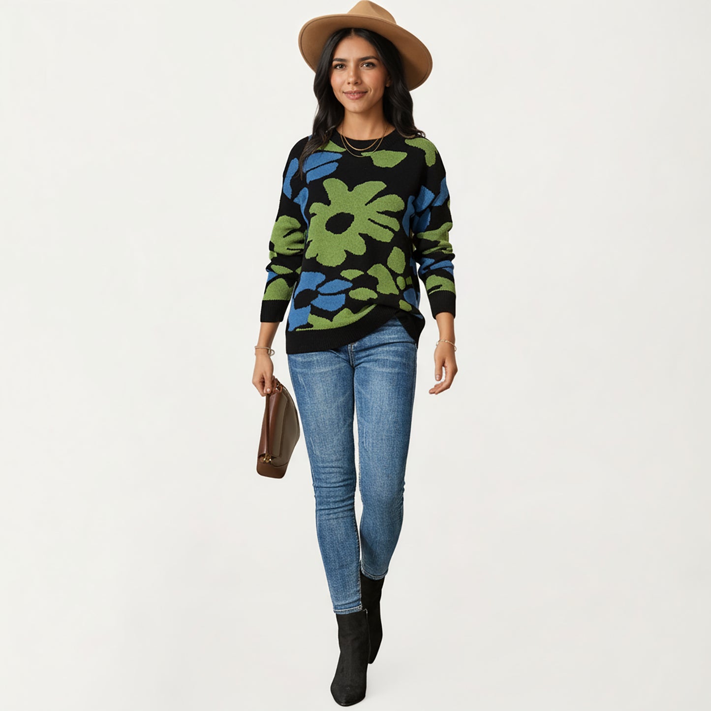 Bold Floral Pattern Knit Sweater with Soft Textured Feel, Long Sleeves and Comfortable Relaxed Fit