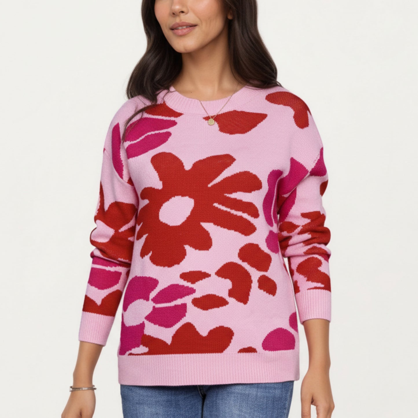 Bold Floral Pattern Knit Sweater with Soft Textured Feel, Long Sleeves and Comfortable Relaxed Fit