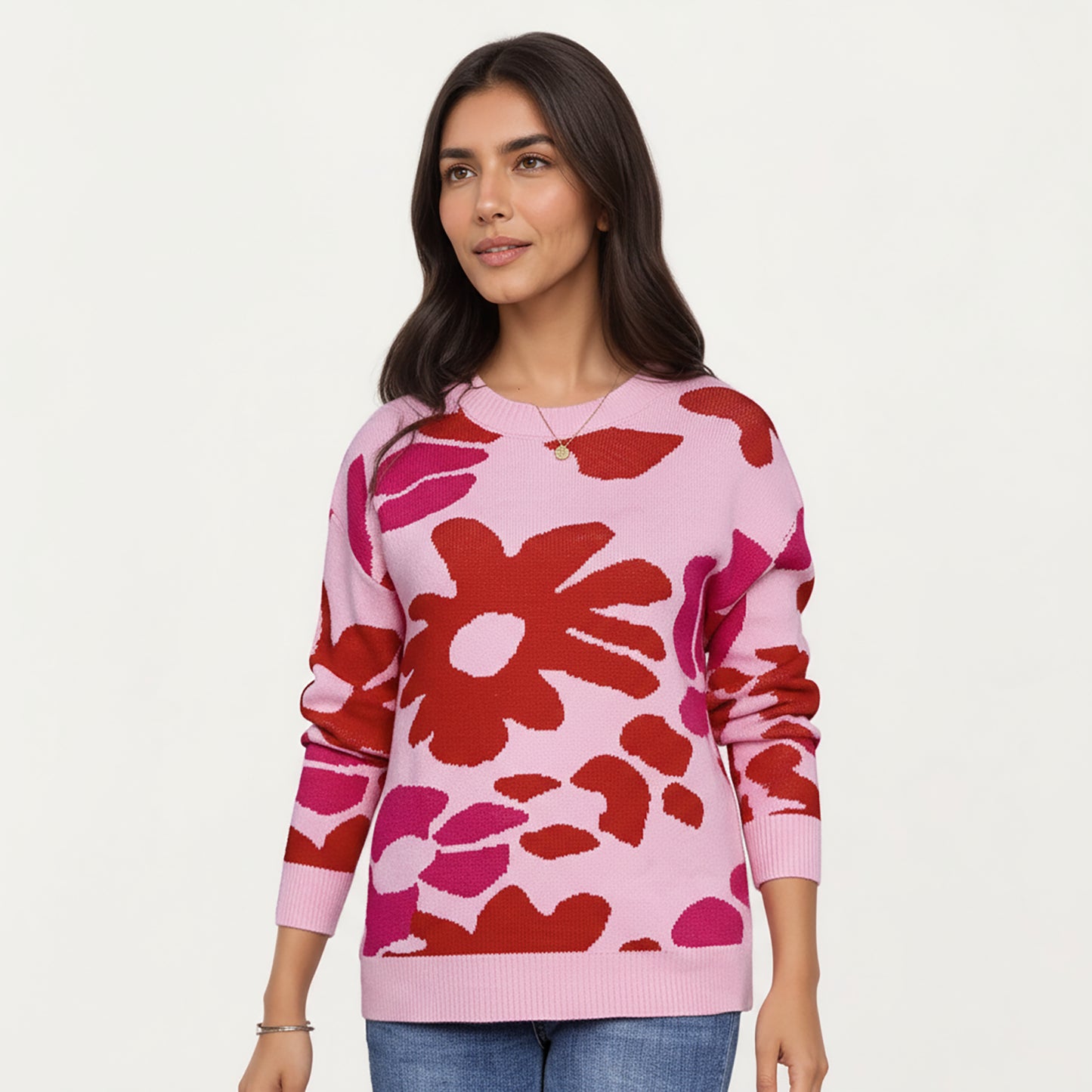Bold Floral Pattern Knit Sweater with Soft Textured Feel, Long Sleeves and Comfortable Relaxed Fit