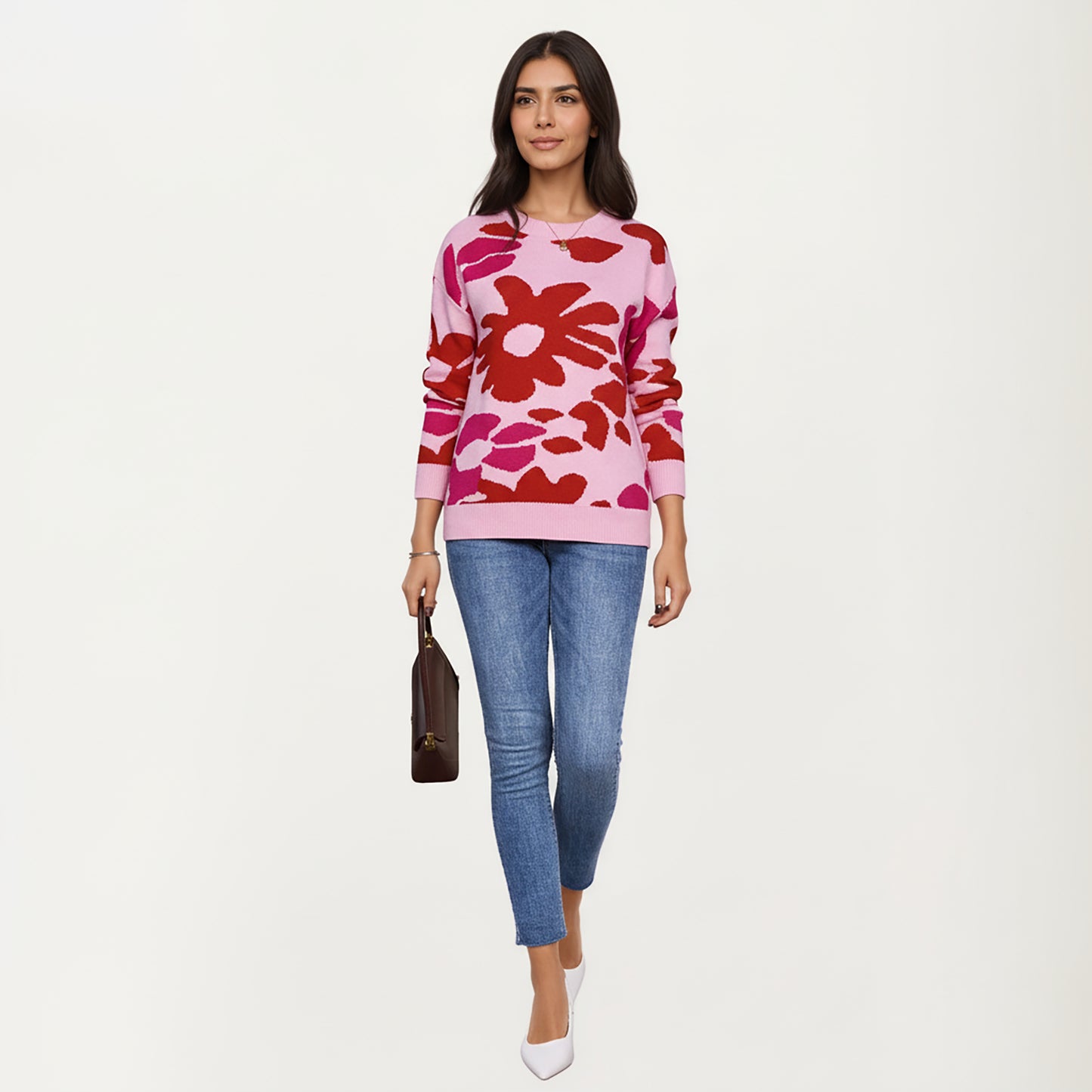 Bold Floral Pattern Knit Sweater with Soft Textured Feel, Long Sleeves and Comfortable Relaxed Fit