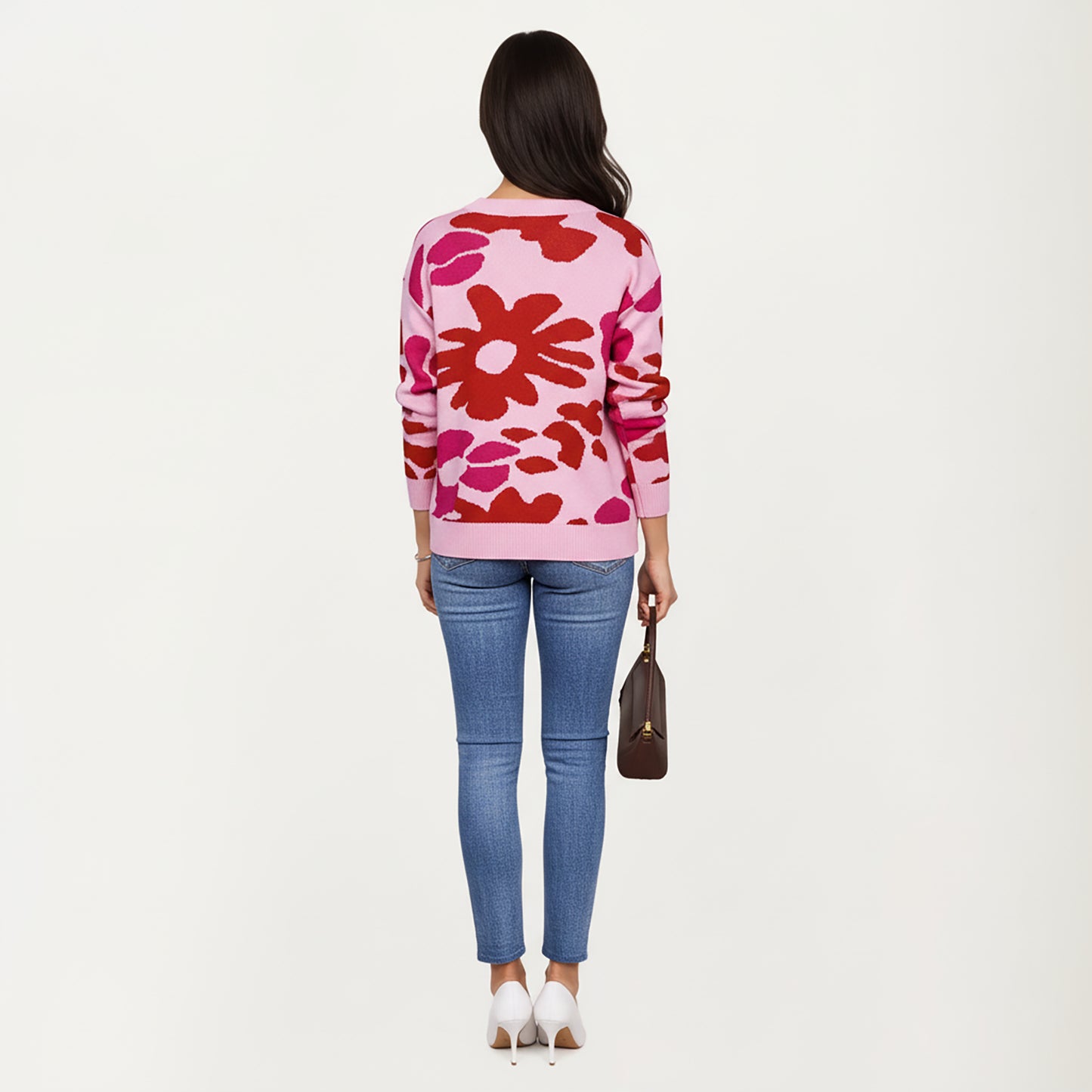 Bold Floral Pattern Knit Sweater with Soft Textured Feel, Long Sleeves and Comfortable Relaxed Fit