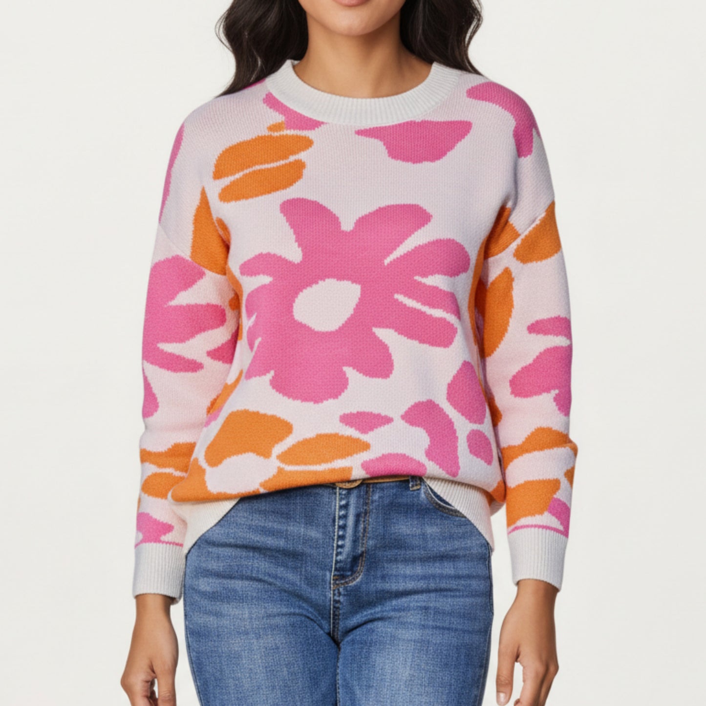Bold Floral Pattern Knit Sweater with Soft Textured Feel, Long Sleeves and Comfortable Relaxed Fit