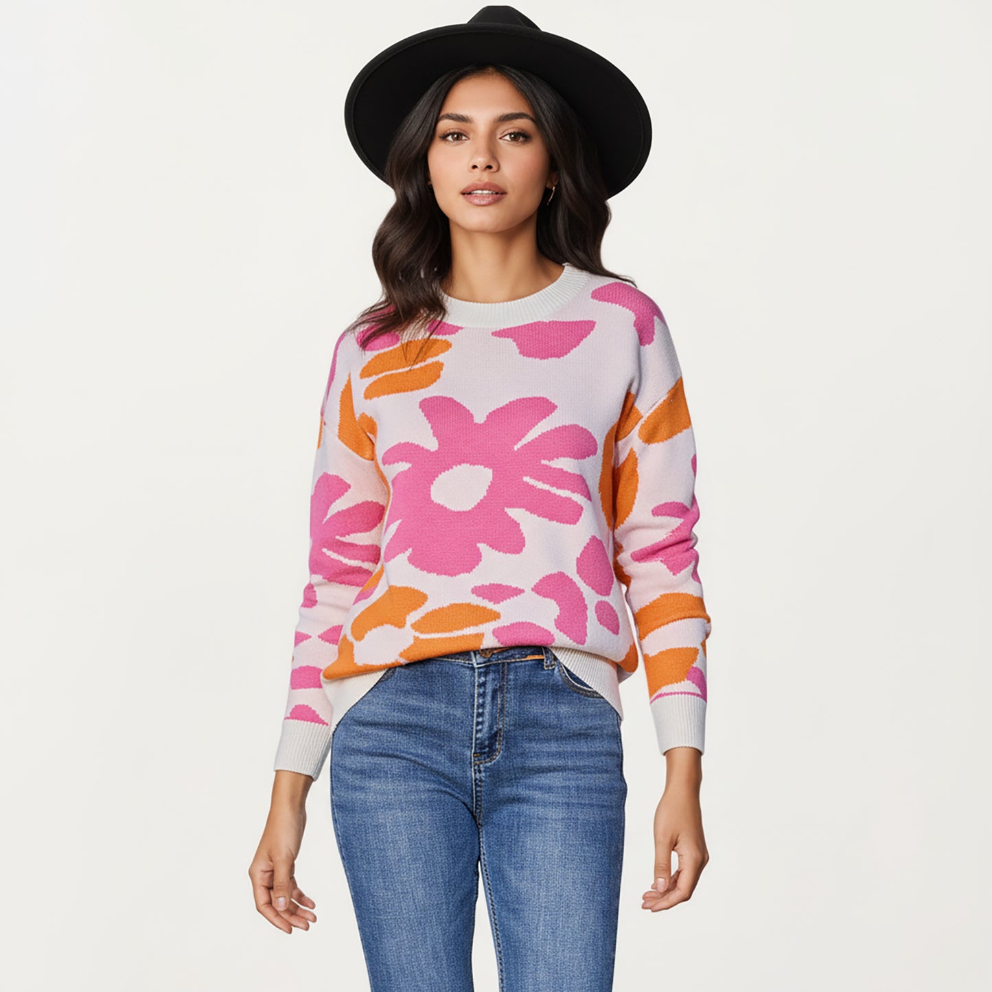 Bold Floral Pattern Knit Sweater with Soft Textured Feel, Long Sleeves and Comfortable Relaxed Fit