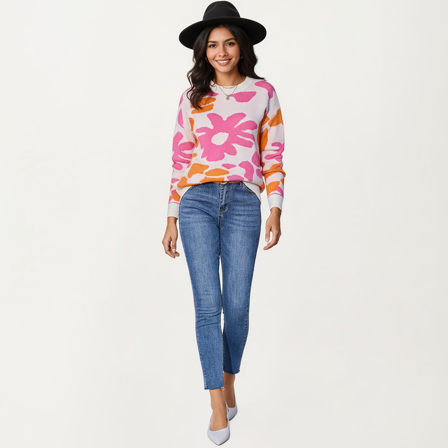 Bold Floral Pattern Knit Sweater with Soft Textured Feel, Long Sleeves and Comfortable Relaxed Fit