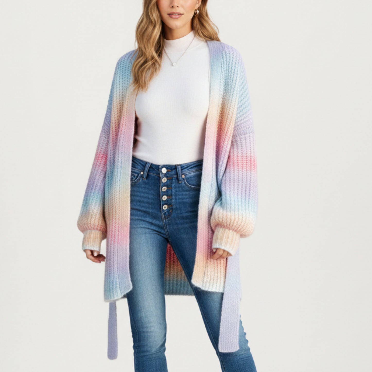 Long Sleeve Soft Knit Open Front Cardigan with Ribbed Texture, Relaxed Draped Fit and Cozy Balloon Sleeves