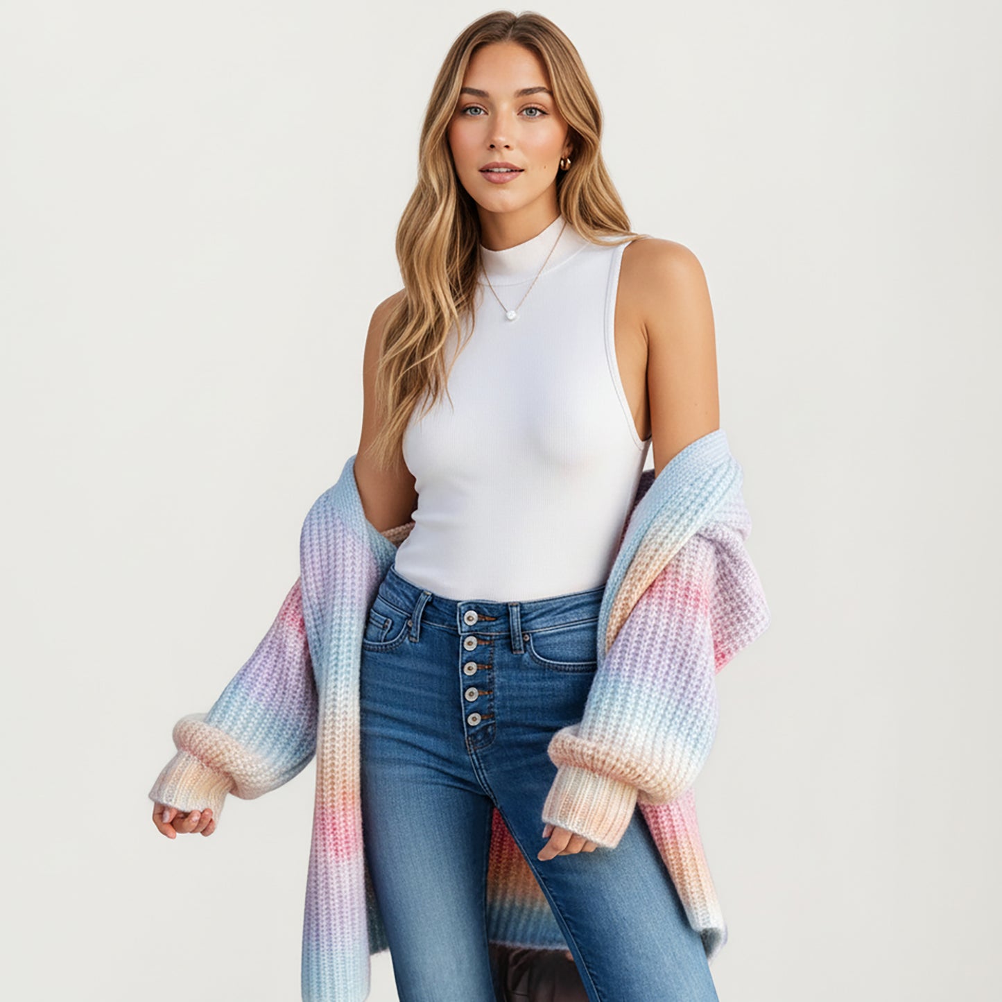 Long Sleeve Soft Knit Open Front Cardigan with Ribbed Texture, Relaxed Draped Fit and Cozy Balloon Sleeves