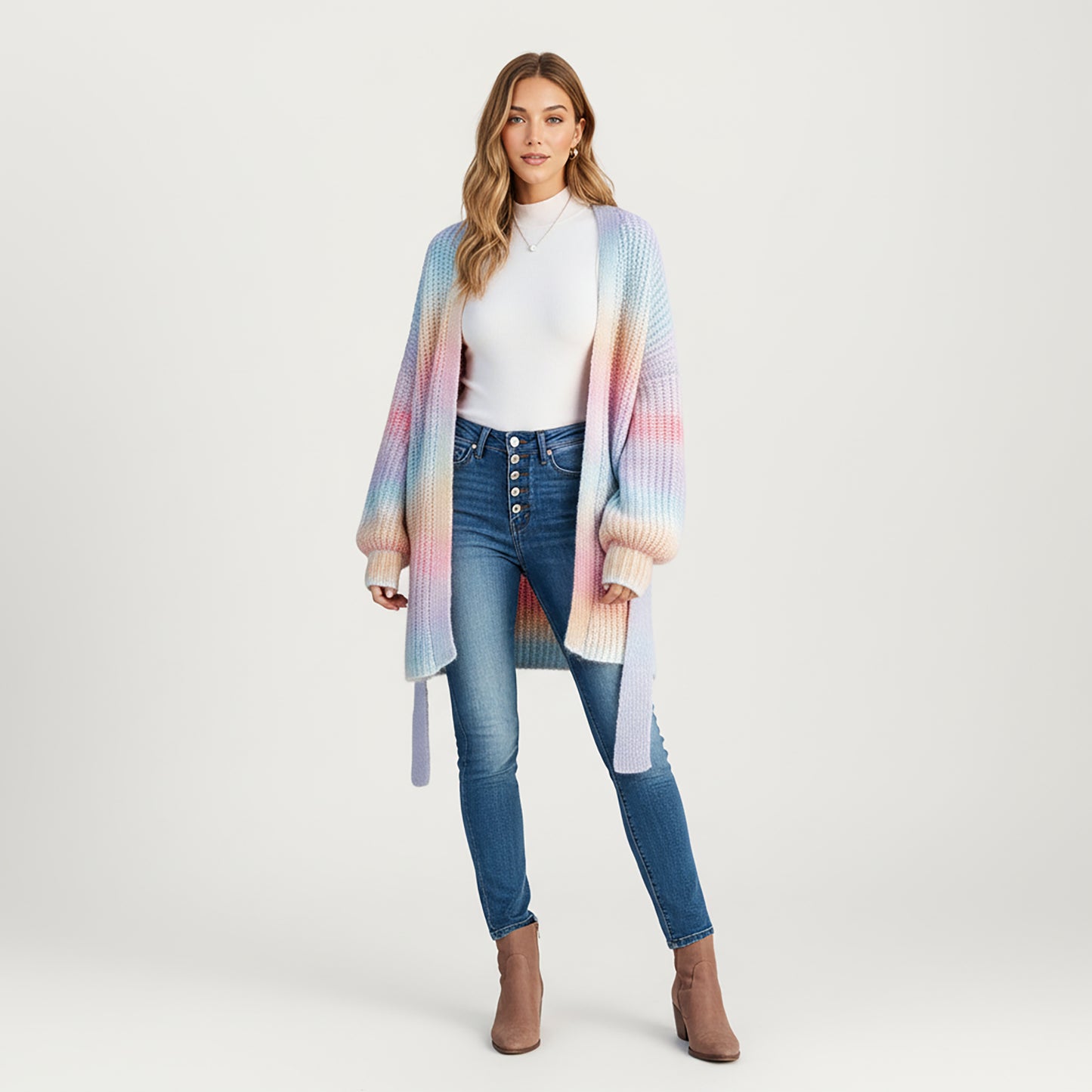 Long Sleeve Soft Knit Open Front Cardigan with Ribbed Texture, Relaxed Draped Fit and Cozy Balloon Sleeves