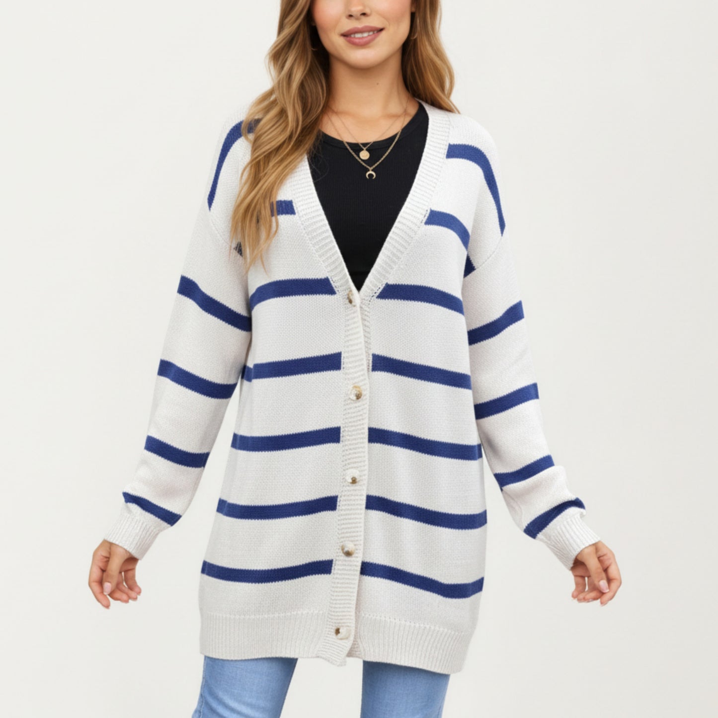 Long Sleeve Striped Knit Button Front Cardigan with Soft Textured Feel and Relaxed Drop Shoulder Fit