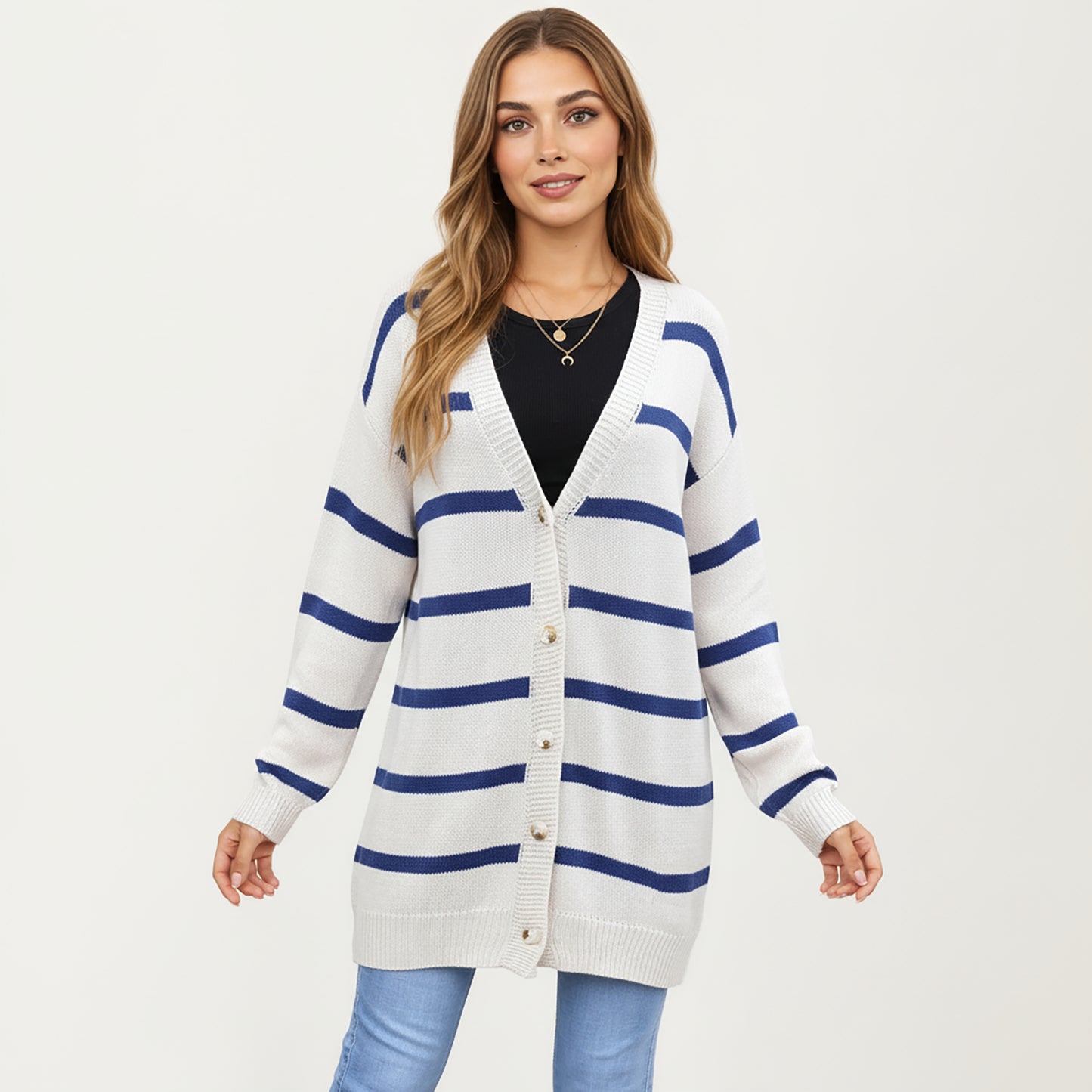 Long Sleeve Striped Knit Button Front Cardigan with Soft Textured Feel and Relaxed Drop Shoulder Fit