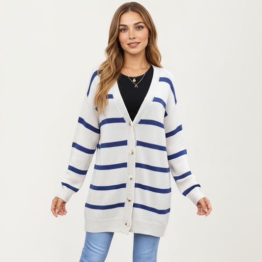 Long Sleeve Striped Knit Button Front Cardigan with Soft Textured Feel and Relaxed Drop Shoulder Fit