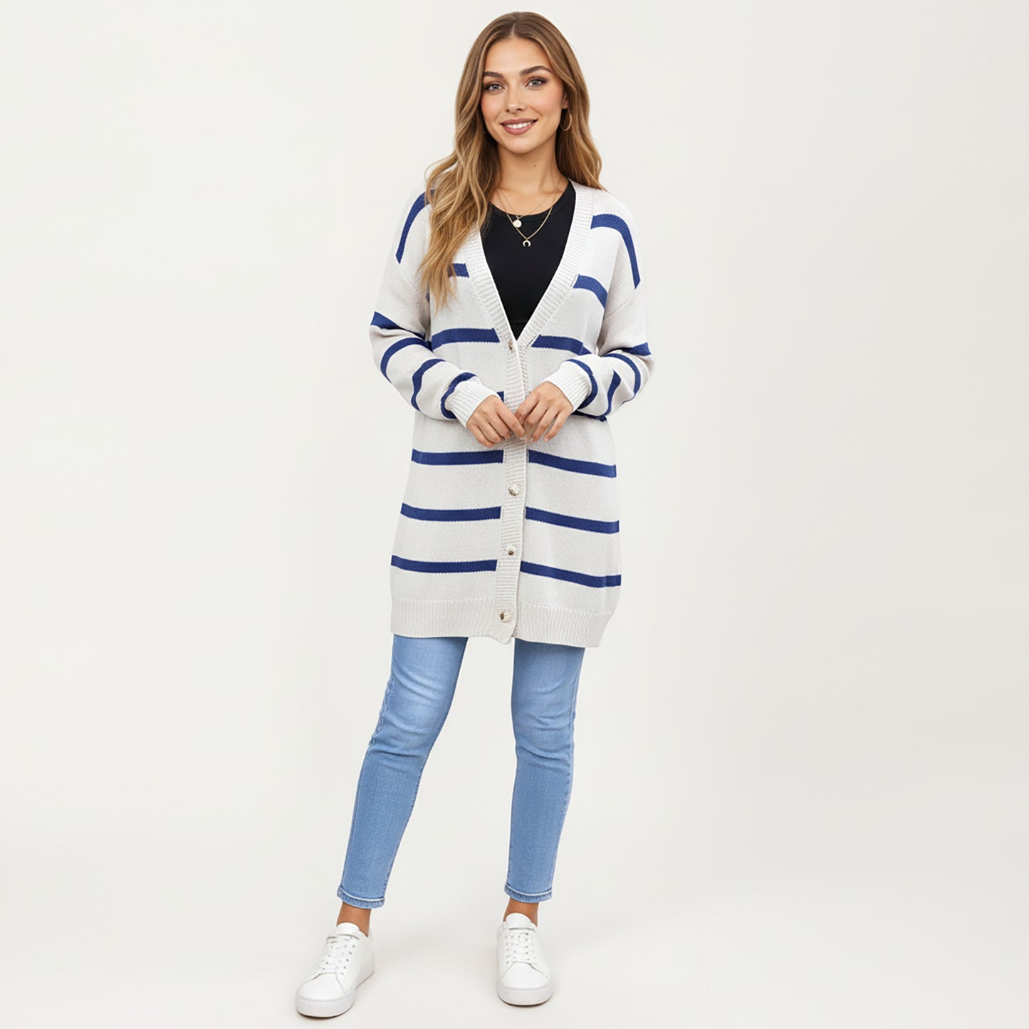 Long Sleeve Striped Knit Button Front Cardigan with Soft Textured Feel and Relaxed Drop Shoulder Fit
