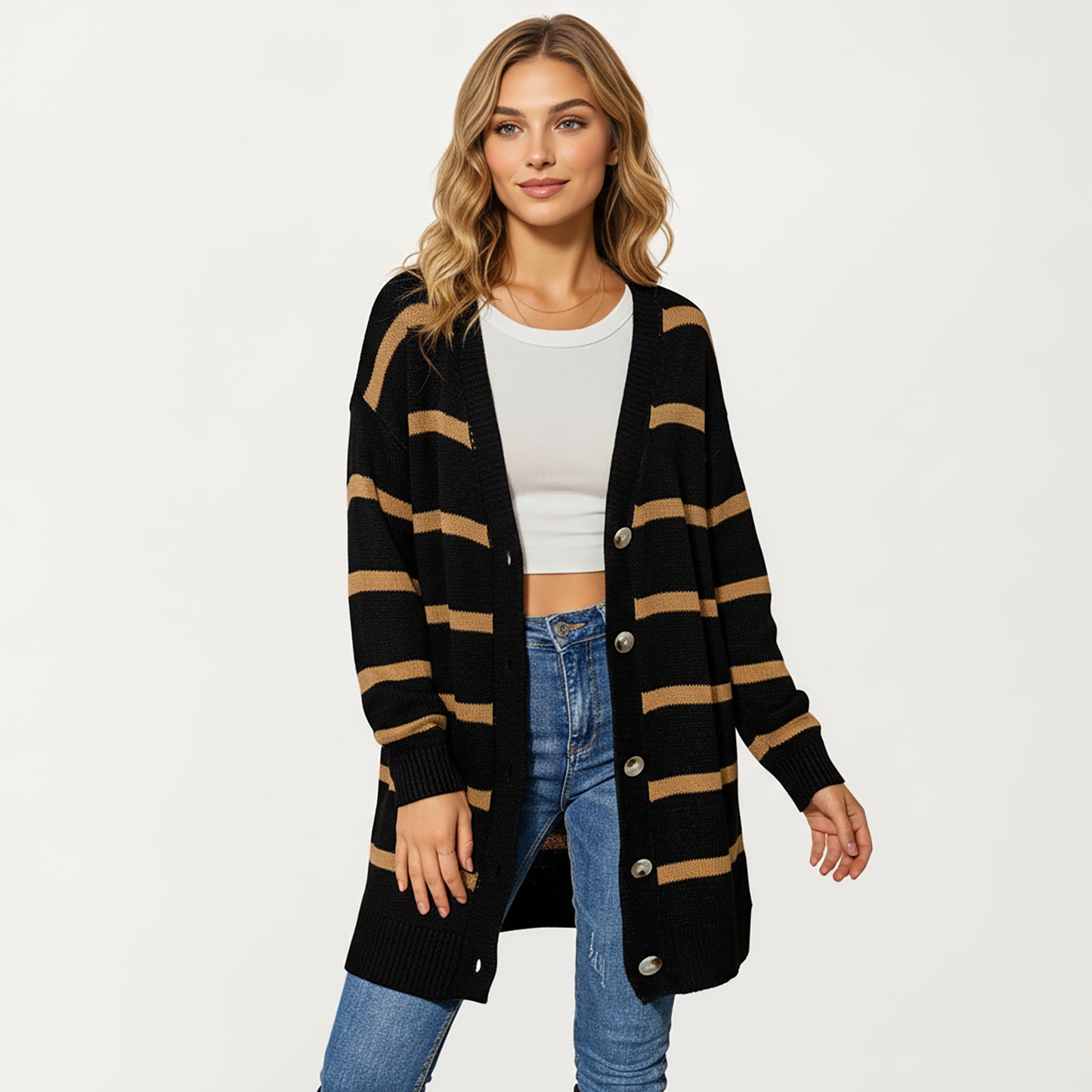 Long Sleeve Striped Knit Button Front Cardigan with Soft Textured Feel and Relaxed Drop Shoulder Fit