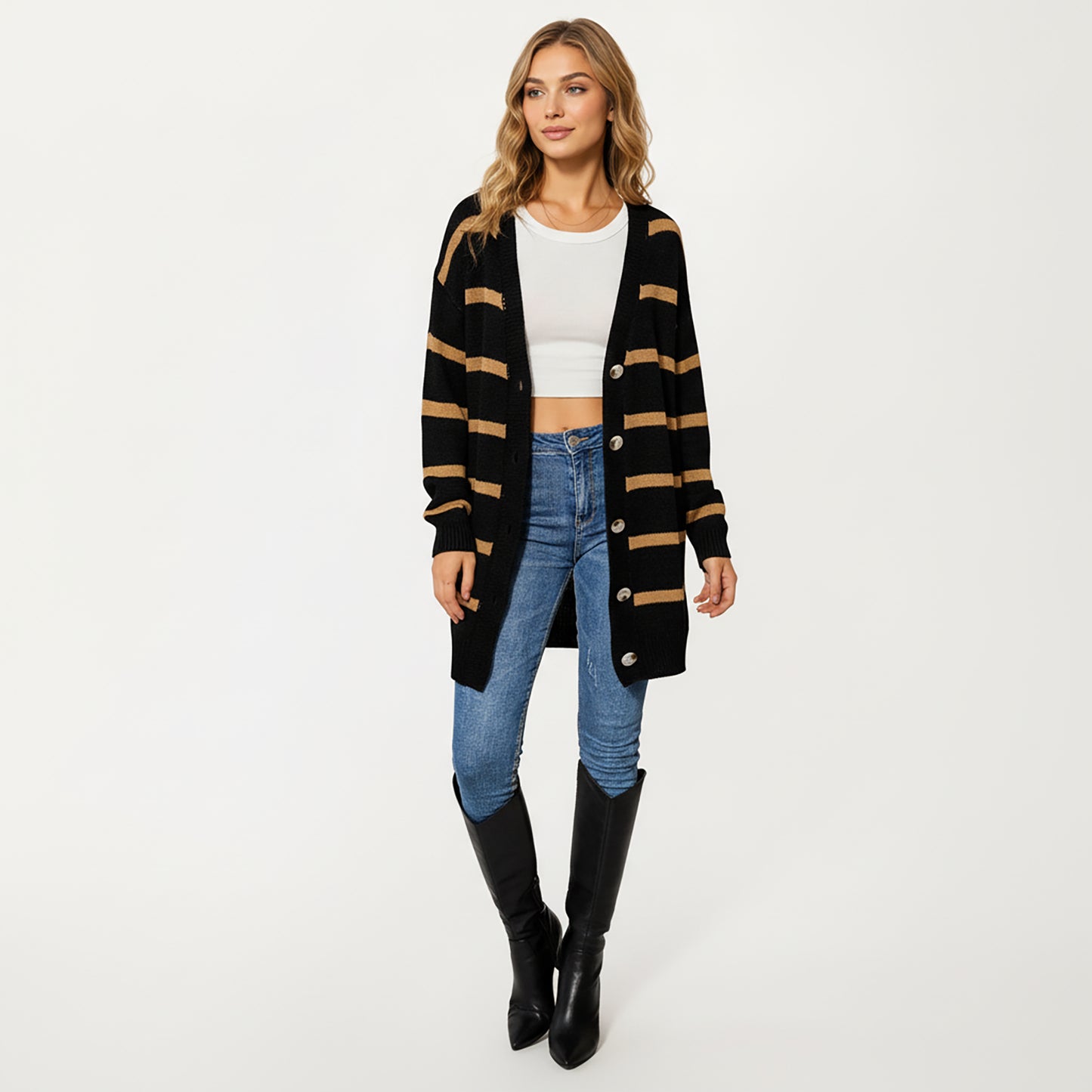 Long Sleeve Striped Knit Button Front Cardigan with Soft Textured Feel and Relaxed Drop Shoulder Fit