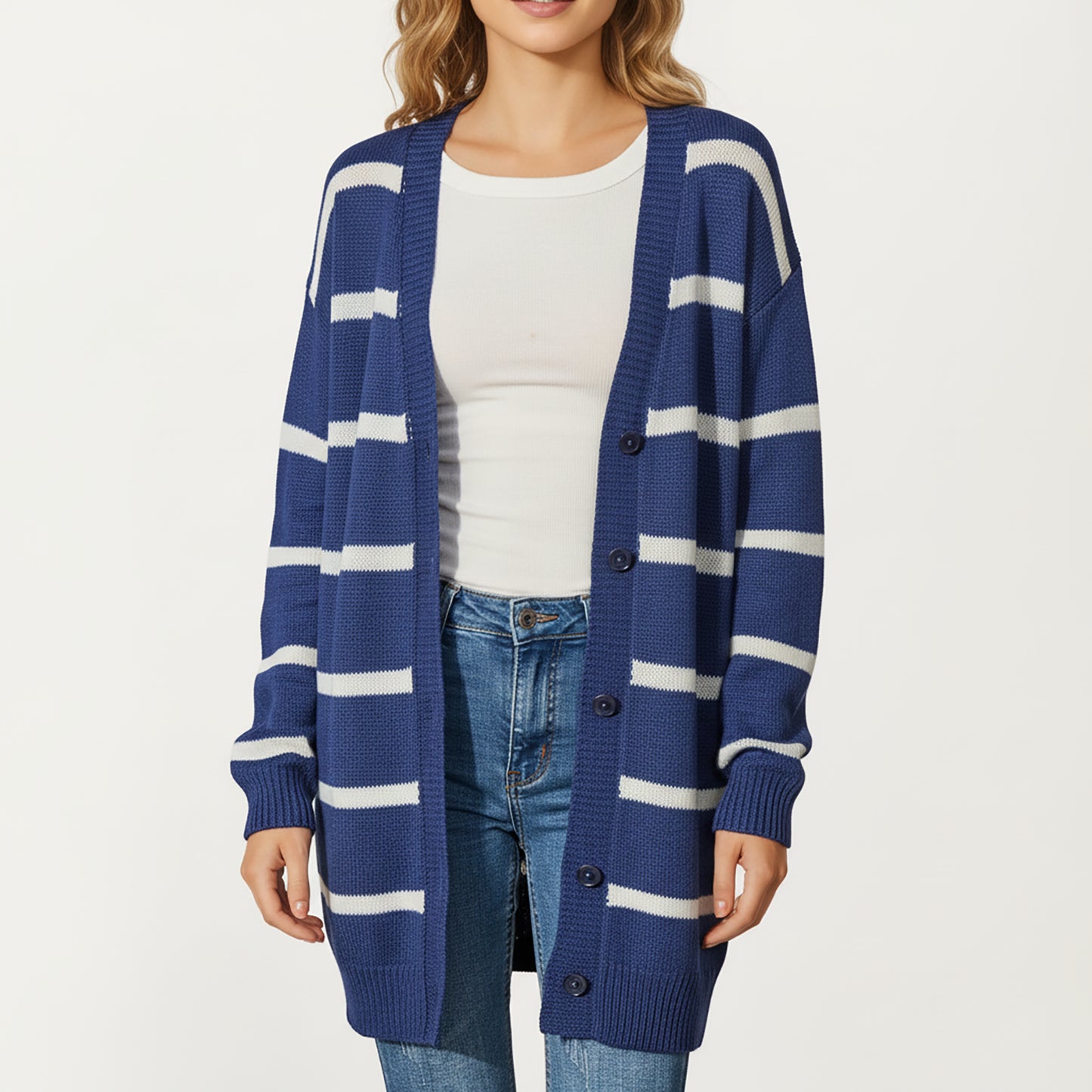 Long Sleeve Striped Knit Button Front Cardigan with Soft Textured Feel and Relaxed Drop Shoulder Fit